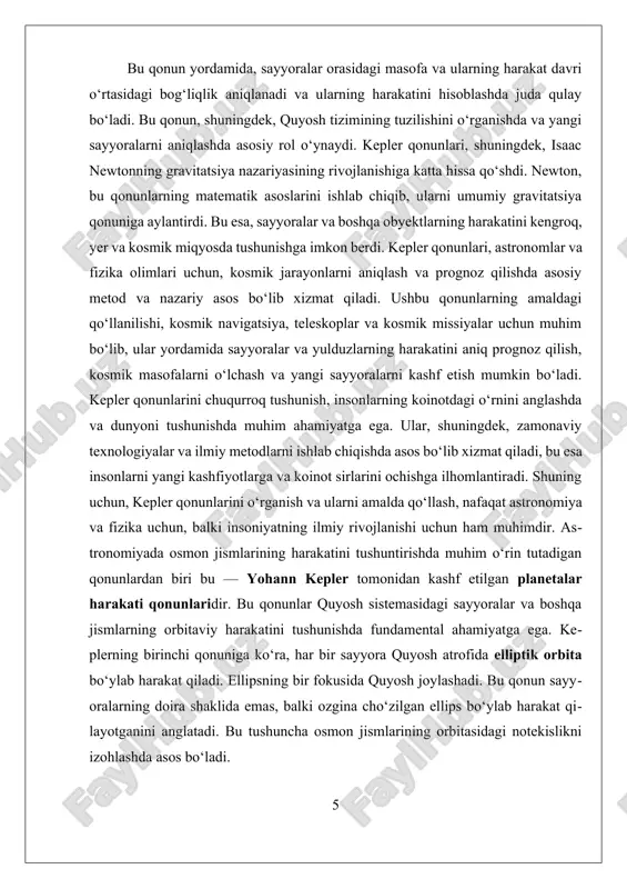 a muhim ahamiyatga ega bo’lib, ular sayyoralar va boshqa kosmik obyektlarning harakatlarini aniq tushunish va oldindan aytib berish imkoniyatini yaratadi. bu qonunlar, ayniqsa, kosmik navigatsiya, teleskoplar va kosmik missiyalar uchun asosiy ilmiy va texnologik poydevor bo’lib xizmat qiladi. birinchi navbatda, kepler qonunlarining amaliy qo’llanilishi kosmik navigatsiya sohasida sezilarli o’rin tutadi. kosmik apparatlarning aniq va ishonchli yo’nalishni belgilash uchun sayyoralar va yulduzlarning harakatini hisoblash zarur bo’ladi. masalan, kosmik kemalar quyosh tizimida yoki undan tashqarida harakatlanayotganda, ular uchun manzil va yo’nalishni aniqlashda kepler qonunlari yordamida sayyoralar orbitasi va harakat tezligini hisoblash muhim rol o’ynaydi. bu esa, kosmik sayohatlarni xavfsiz va samarali qilish imkonini beradi, shuningdek, uzoq masofalarga qilingan missiyalar uchun aniq ma’lumotlarni taqdim etadi. teleskoplar va astronomik o’lchovlar sohasida ham kepler qonunlari muhim ahamiyatga ega. keplerning birinchi qonuni, ya’ni sayyoralar elliptik orbitada harakatlanishini hisobga olgan holda, astronomlar yulduzlar va galaktikalar harakatini kuzatishda aniq prognozlar qilishadi. bu qonunlar yordamida, masalan, kosmik teleskoplar yordamida …