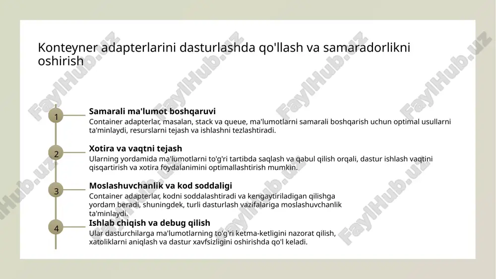oslash va amaliy qo‘llanilishi. o‘zbekiston axborot texnologiyalari jurnali, 15(3), 45-52. 3. yoshilov, a. (2021). ma’lumotlarni tashkillashtirishda konteyner adapterlarining roli. informatika va hisoblash texnikasi, 8(2), 78-85. 4. toshkent davlat texnika universiteti. (2018). algoritmlar va ma’lumotlar tuzilmalari. toshkent: tdtt nashriyoti. 5. bekmurodov, r. (2022). amaliy dasturlarda konteyner adapterlarini optimallashtirish usullari. innovatsion texnologiyalar va dasturlash, 10(1), 33-40. e'tiboringiz uchun rahmat!