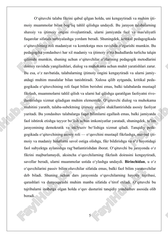 beshinchidan, o‘qituvchi erkin fikr yuritish muhitini yaratadi. har bir o‘quvchining ovozi eshitilishi, fikri qadrlanishi kerak. o‘qituvchi bunday muhitni shakllantirishda muhim vositachidir. u bahs-munozaralar orqali o‘quvchilarning fikrlarini rivojlantiradi, ko‘plab nuqtai nazarlarni muhokama qiladi va o‘rgatadi. oltinchidan, tanqidiy pedagogika o‘qituvchidan ijtimoiy mas’uliyatni talab qiladi. u faqat dars beruvchi emas, balki jamiyatdagi ijtimoiy o‘zgarishlarni anglaydigan, o‘quvchilarni ham bu jarayonga jalb etadigan yetakchidir. u o‘z darslari orqali o‘quvchini ijtimoiy ongli, adolatparvar va faol fuqaroga aylantirishni maqsad qiladi. ii. oʻquvchi-subekt pozitsiyasining nazariy va amaliy aspektlari oʻquvchi-subekt pozitsiyasining nazariy va amaliy aspektlarini tushunish uchun avvalo uning ta'lim jarayonidagi asosiy ma'nosini aniqlash muhimdir. bu pozitsiya, asosan, talabaning faqat ma'lumot oluvchi sifatida emas, balki faol ishtirokchi, fikr yurituvchi va muammolarni hal qiluvchi subyekt sifatida qabul qilinishini anglatadi. bu nuqtai nazar, kritik pedagogika paradigmasida, ayniqsa paulo freire ta'lim modeli asosida, muhim o'rin tutadi. freirega ko'ra, o'quvchi-subekt sifatida, o'zining bilish va fikrlash jarayonlarida muhim rol o'ynaydi, u nafaqat bilimlarni qabul …