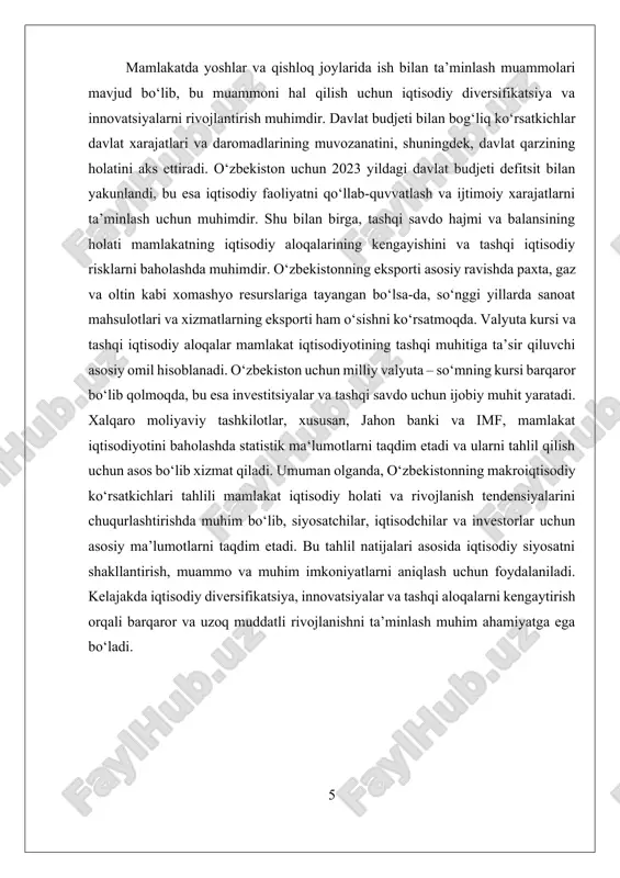lga oshirilishini ko‘rsatadi. inflatsiyaning barqarorligi iqtisodiyotdagi narxlar barqarorligini ta’minlab, investorlar uchun ham ishonch muhitini yaratilmoqda. shu bilan birga, narxlar oshishining asosiy sabablaridan biri xomashyo narxlarining o‘sishi va transport xarajatlarining ortishi hisoblanadi. ishsizlik darajasi – aholining ish uchun faol bo‘lib, ish qidirayotgan qismining ulushi sifatida baholanadi. 2023 yilda o‘zbekistonda ishsizlik darajasi 8-9 foizni tashkil etdi. bu raqam iqtisodiyotni yanada diversifikatsiya qilish va yangi ish o‘rinlarini yaratish uchun muhim bo‘lib, mehnat bozoridagi muammolarni hal etishga qaratilgan siyosatlarni ishlab chiqishni talab etadi. mamlakatda yoshlar va ayollar uchun yangi ish o‘rinlari ochilishi, shuningdek, kasb-hunar o‘qitish tizimining takomillashtirilishi muhim ahamiyat kasb etmoqda. davlat budjeti – davlat daromadlari va xarajatlarini ko‘rsatadigan asosiy iqtisodiy hujjatdir. o‘zbekiston 2023 yilda budjet defitsitini kamaytirishga muvaffaq bo‘ldi, bu esa fiskal siyosatning samaradorligini bildiradi. budjetdagi asosiy daromadlar – soliqlar, bojxona to‘lovlari va tashqi yordam hisoblanadi. xarajatlar esa infratuzilma, ta’lim, sog‘liqni saqlash va ijtimoiy sohalarga yo‘naltirilmoqda. budjet barqarorligi mamlakat rahbariyatining fiskal siyosatni nazorat …