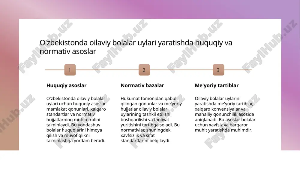 bu, bolalar parvarishi va ijtimoiy qabul qilish jarayonlarini yanada samarali qiladi. ijtimoiy moslashuv oilaviy yordam tizimlari jamiyatning ijtimoiy tuzilishi va madaniyatiga mos kelishi kerak. bu, bolalarning yangi muhitga tez va muvofiq moslashishini ta'minlaydi. qadriyatlarning integratsiyasi madaniy va ijtimoiy qadriyatlarni hisobga olgan holda, oilaviy yordam tizimlarini rivojlantirish bolalarning xavfsizligi va farovonligini oshiradi. bu, uzoq muddatli muvaffaqiyat uchun asos bo'ladi. yangi parvarishlash yondashuvlari: bolalarga mehr va xavfsizlikni ta'minlash 1 yangi parvarishlash yondashuvlari - bolalarga mehr va xavfsizlikni ta'minlash uchun yangi parvarishlash yondashuvlari muhim. bu yondashuvlar bolalarning psixologik va jismoniy ehtiyojlariga moslashgan, ularning rivojlanishini qo'llab-quvvatlaydi. 2 inkluziv muhit - yangi yondashuvlar inklyuziv muhit yaratishga qaratilgan bo‘lib, har bir bola o‘zining individual ehtiyojlari bilan qabul qilinadi. bu, bolalarning o‘ziga bo‘lgan ishonchini oshiradi va ijtimoiy muhitga integratsiyasini kuchaytiradi. 3 mehr va xavfsizlik - bolalarga mehr va xavfsizlikni ta’minlash, ularning rivojlanishi uchun asosiy tamoyildir. bu yondashuvlar, oilaviy muhiti simulyatsiya qilinib, bolalarning psixologik barqarorligini mustahkamlashga yordam beradi. …