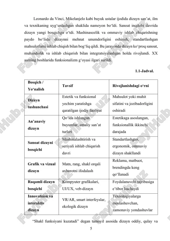 ning rivojlanishi insoniyat tarixining rivojlanish jarayoni bilan chambarchas bog‘liq bo‘lib, u doimiy o‘zgarish va takomillashuv jarayonida bo‘lgan. dastlabki davrlarda odamlar atrofdagi tabiatdan ilhomlanib, asbob-uskunalar, kiyim-kechak va boshpana yaratish orqali dizaynning asosiy tamoyillarini shakllantira boshlaganlar. bu davrda dizayn funksionallik va amaliyotga asoslangan edi. keyinchalik, jamiyatlar murakkablashgani sayin, dizayn san’at va ma’naviyat bilan uyg‘unlashib bordi. me’morchilik va bezak san’atida diniy, ijtimoiy va estetik qadriyatlar aks etdi. o‘rta asrlarda qasrlar, cherkovlar va ibodatxonalar qurilishida dizaynning murakkab va ma’noli shakllari paydo bo‘ldi. renessans davrida esa inson markaziy o‘rin oldi, bu esa dizaynda ham yangicha qarashlarni keltirib chiqardi. ustalar tabiiy shakllarni chuqur o‘rganib, inson anatomiyasi, geometriya va proporsiyalar tamoyillarini dizayn jarayoniga olib kirdi. bu davrda san’at va ilm birlashib, dizaynga ilmiy asos berildi. sanoat inqilobi esa dizaynda texnologik inqilobga sabab bo‘ldi. ommaviy ishlab chiqarish uchun mahsulotlarni loyihalash jarayoni yuzaga keldi. dizaynerlar mahsulotlarni ishlab chiqarish qulayligi, xarajatlarni kamaytirish va ko‘p sonli iste’molchilar talablariga javob berishga e’tibor …