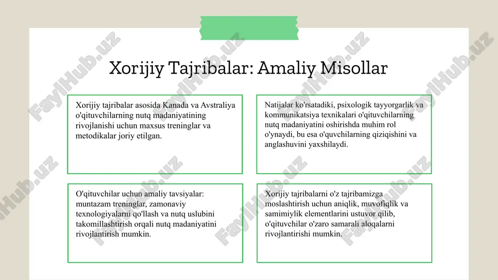 iga va ta'lim tizimining rivojlanishiga xizmat qiladi. foydalanilgan adabiyotlar 1. ismoilov, a. o'qituvchilar nutq madaniyatini rivojlantirish usullari. toshkent davlat universiteti nashriyoti, 2019. 2. sardorov, b. xorijiy tajribalar asosida o'qituvchilar uchun nutq madaniyatini oshirish strategiyalari. o'zbekiston milliy universiteti matbuoti, 2021. 3. qodirov, m. samaradorlik mexanizmlari va ularni ta'lim jarayonida qo'llash. toshkent pedagogika instituti nashriyoti, 2020. 4. yusupov, d. xorijiy tajribalar va ularning o'zbekiston sharoitida joriy qilinishi. o'zbekiston ta'lim va fan akademiyasi, 2022. 5. rahimov, f. o'qituvchilarning nutq madaniyatini oshirishda innovatsion metodlar. o'zbekiston xalq ta'limi jurnali, 2023. e'tiboringiz uchun rahmat! designed by slides carnival image1.png image2.png image3.png image4.png image5.png image23.jpg image17.png image24.jpg image6.jpg image7.png image18.jpg image19.jpg image20.png image21.png image22.png