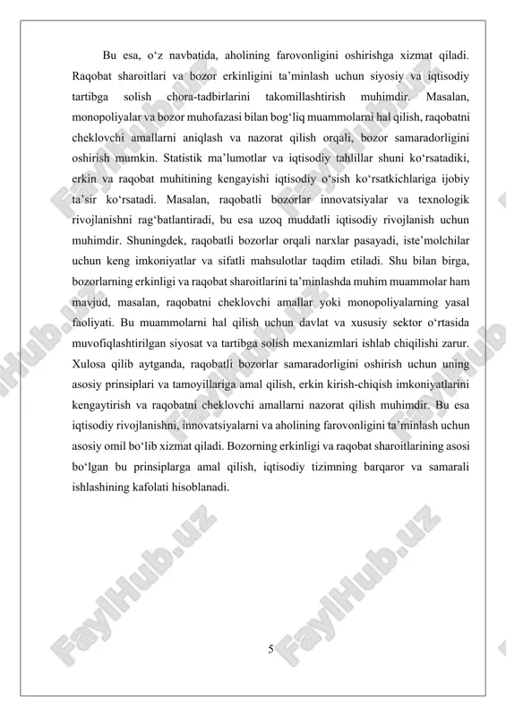 rish va raqobatbardosh narxlar belgilash imkonini beradi. uchinchidan, bozor infratuzilmasini rivojlantirish va raqobatni kengaytirish uchun yondashuvlar mavjud. bu yondashuvlar orasida monopoliyalardan qutulish, raqobatni cheklovchi amallarni aniqlash va ularni bartaraf etish, shuningdek, bozorlarni erkinlashtirish uchun iqtisodiy yoki huquqiy mexanizmlarni joriy etish kiradi. misol uchun, davlat tomonidan tartibga solish va nazorat qilish organlari orqali raqobatni ta'minlash, monopoliyaga qarshi qonunlarni kuchaytirish va bozorlarning raqobat muhiti uchun qulay sharoitlar yaratish mumkin. bundan tashqari, bozorlarning samaradorligini oshirishda iqtisodiy siyosat va tartibga solish muhim o‘rin tutadi. bu jarayonda davlat faoliyatining asosiy maqsadi – raqobat muhitini yaratish va uni saqlash, shuningdek, bozorga kirishni kengaytirish bo‘lishi mumkin. bu esa, o‘z navbatida, yangi tadbirkorlarning bozorga kirishini yengillashtiradi, kichik va o‘rta biznes sub’ektlarining rivojlanishiga imkon yaratadi. xulosa qilib aytganda, raqobatli bozorlarning samaradorligini oshirish uchun bir nechta muhim usullar mavjud. ularning asosiylari erkin bozor sharoitlarini yaratish, innovatsiyalarni rivojlantirish, bozor infratuzilmasini takomillashtirish va tartibga solish mexanizmlarini joriy etishdir. bu usullar orqali bozorlar …