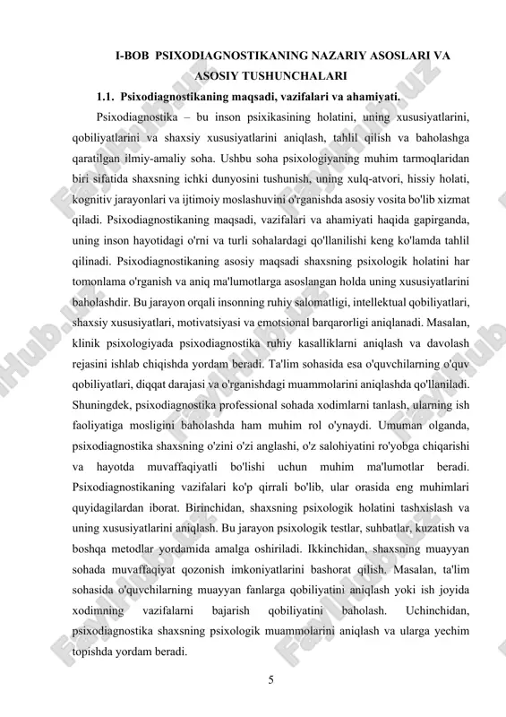hilar o'zlarining o'rganish uslublarini tushunsalar, o'qish jarayonini optimallashtirishi mumkin. ikkinchidan, psixodiagnostika ruhiy salomatlikni saqlashda katta ahamiyatga ega. ruhiy kasalliklarning erta tashxislanishi va davolanishi jiddiy oqibatlarni oldini olishga yordam beradi. uchinchidan, psixodiagnostika jamiyatdagi ijtimoiy muammolarni hal qilishda muhim vosita sifatida ishlatiladi. masalan, bolalar va o'smirlar orasida zo'ravonlik yoki ijtimoiy moslashuv muammolarini aniqlashda psixodiagnostika usullari qo'llaniladi. to'rtinchidan, psixodiagnostika professional sohada xodimlarning ish samaradorligini oshirishda yordam beradi. to'g'ri odamni to'g'ri lavozimga tanlash orqali tashkilotlar samaraliroq faoliyat yurita oladi. psixodiagnostikaning muhim jihatlaridan biri uning ilmiy asoslanganligidadir. u psixologik testlar, standartlashtirilgan metodikalar va statistik tahlilga asoslanadi. bu esa natijalarning ishonchliligi va aniqligini ta'minlaydi. masalan, iq testlari, shaxsiyat testlari (masalan, mbti yoki big five) va emotsional holatni baholash testlari keng qo'llaniladi. shu bilan birga, psixodiagnostika faqat testlarga tayanib qolmaydi. psixologning tajribasi, kuzatish qobiliyati va suhbat o'tkazish mahorati ham muhim ahamiyatga ega. bu jarayonda psixologning professional malakasi va axloqiy me'yorlarga rioya qilishi muhimdir, chunki noto'g'ri tashxis yoki …
