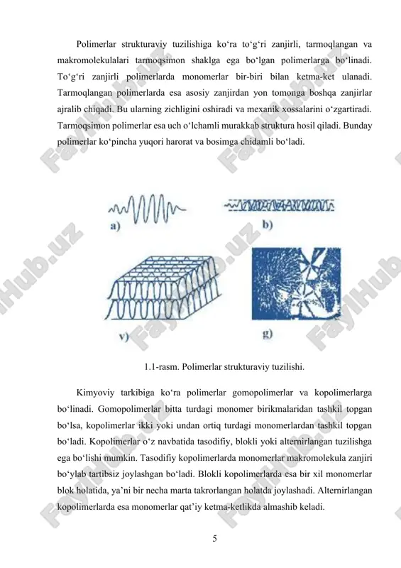 ga. ikkinchidan, polimerlar issiqlikka nisbatan munosabati bo‘yicha termoplastik va termosetting (termoreaktiv) polimerlarga bo‘linadi. termoplastiklar qayta-qayta yumshab va qotib, shaklini o‘zgartirishga yaroqli bo‘lsa, termoreaktivlar faqat bir marta qotib, doimiy qattiq shaklga kiradi. uchinchidan, ularning fizik holatiga ko‘ra amorf, kristall va yarim kristall polimerlarga ajratiladi. bundan tashqari, foydalanish sohasi bo‘yicha ham tasniflash mumkin: muhandislik polimerlari, tibbiy polimerlar, elektrotexnik polimerlar, qadoqlash materiallari va boshqalar. polimerlar ko‘p sonli monomer birliklarining kovalent bog‘lar orqali birikishi natijasida hosil bo‘lgan yuqori molekulali organik birikmalardir. ularning fizik-kimyoviy xossalari ularga qo‘yilgan talablarni bajarish imkoniyatiga qarab tanlanadi. bunda polimerlarning strukturaviy, termik, mexanik va kimyoviy barqarorlik xususiyatlari alohida o‘rganiladi. har qanday polimer modda harorat, bosim, ultrabinafsha nurlar, kuchlanish, erituvchilar va boshqa omillarga nisbatan ma’lum bir reaktsiya bildiradi. ularning bu holatlarga ko‘rsatgan javobi sanoat va ilmiy faoliyatda juda katta ahamiyatga ega. polimerlar kristallanish darajasi jihatidan turlicha bo‘ladi. kristallanish darajasi molekulalarning bir-biriga nisbatan qanday tartibda joylashganiga bog‘liq. kristall polimerlar yuqori mustahkamlikka, kimyoviy chidamlilikka …