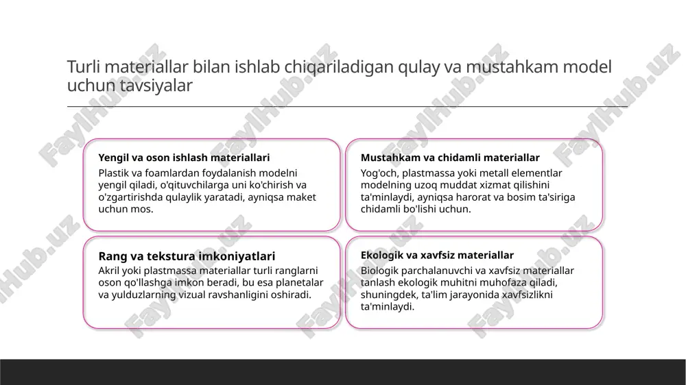 qodirov, s. qurollar va materiallar bilan astronomik maketlar ishlab chiqish. o‘zbekiston xalq ta'limi, 2017, 25(3), 33-36. e'tiboringiz uchun rahmat!