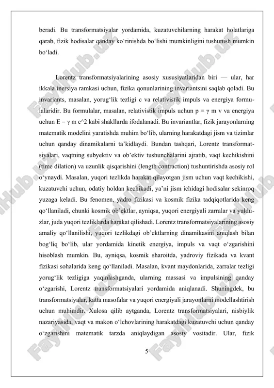 iyalari quyidagi fundamental holatlarni nazarda tutadi: · vaqtning nisbiyligi: turli inertsial tizimlarda bitta hodisa turlicha vaqt oralig‘ida sodir bo‘lishi mumkin. · uzunlikning qisqarishi: harakatlanuvchi jismlar uzunligi stasionar tizimga nisbatan qisqargan holatda kuzatiladi. · yorug‘lik tezligining o‘zgarmasligi: har qanday inertsial tizimda yorug‘lik tezligi o‘zgarmaydi, ya’ni doimiydir. bu transformatsiyalar maxsus formulalar yordamida ifodalanadi, biroq nazariy jihatdan ular hodisalar o‘rtasidagi makon-vaqt koordinatalarining muvofiqligini saqlab turadi. ii. relativistik energiya va impuls formulasining amaliy qo'llanilishi relativistik energiya va impuls formulasi, nisbiylik nazariyasining asosiy tushunchalaridan biri bo‘lib, yuqori tezliklarda harakat qilayotgan jism va tizimlarning dinamikasini aniq tushunish uchun muhim hisoblanadi. klassik mexanikada energiya va impuls formulalari juda oddiy va to‘g‘ridan-to‘g‘ri bog‘liq bo‘lib, ularni harakatdagi jism uchun hisoblash mumkin. biroq, yuqori tezliklarda, ya’ni yorug‘lik tezligiga yaqin bo‘lsa, bu formulalar yetarli bo‘lib qolmaydi va nisbiylik nazariyasi bilan mos keladigan yangi formulalar zarur bo‘ladi. nisbiylik nazariyasida energetika va impuls formulalari lorentz transformatsiyalari bilan birga keladi va ular yordamida jismning …