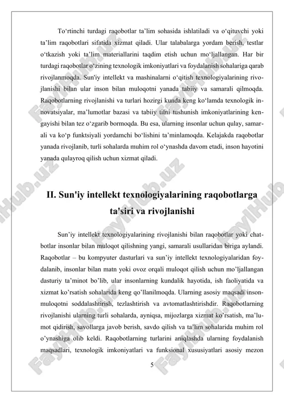 rid qilish jarayonini soddalashtiradi, mahsulotlar haqida tavsiyalar beradi va kompaniyalar uchun yangi mijozlar bilan ishlash imkoniyatlarini kengaytiradi. to’rtinchi tur — ta’lim va o’qituvchi raqobotlar. ular talabalarga yordam berish, testlar o‘tkazish va ta’lim materiallarini taqdim etish uchun ishlab chiqilgan. bu raqobotlar ta’lim jarayonini interaktiv va qiziqarli qilishga yordam beradi, shuningdek, shaxsiy o’qitish va tayyorlov mashg’ulotlarini tashkil etadi. shu bilan birga, raqobotlarning texnologik imkoniyatlarining kengayishi bilan ularning rivojlanishi davom etmoqda. sun’iy intellekt va mashinalarni o’qitish texnologiyalarining rivojlanishi bilan raqobotlar inson bilan muloqotni yanada tabiiy va samarali qilish uchun harakat qilmoqda. ularning turlari va funksiyalari vaqt o’tishi bilan kengayib borayotgan va yangi sohalarga moslashtirilayotgan bo’lib, kelajakda ular yanada rivojlanib, insonlarning kundalik va ish muhitlarida muhim rol o’ynashda davom etadi. iii. raqobotlar bilan inson-muloqotni soddalashtirish va amaliy foydalanish inson-muloqotni soddalashtirish va zamonaviy texnologiyalar yordamida kundalik hayotda qulaylik yaratish maqsadida raqobotlar yoki chatbotlar keng qo‘llanilmoqda. raqobotlar inson bilan matn yoki ovoz orqali muloqot qilish uchun …