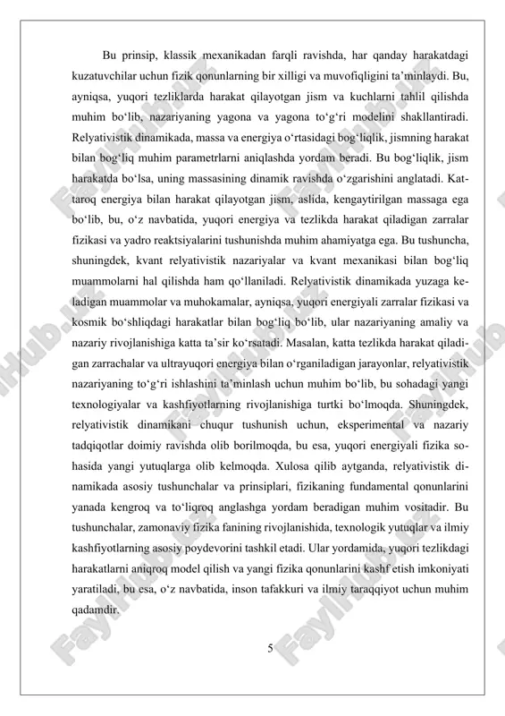 bog‘liqligi. har bir jism o‘z massasiga mos energiyaga ega bo‘ladi. bu energiya faqat harakatdan emas, balki massaning o‘zidan ham kelib chiqadi. demak, har qanday massa energiya bilan chambarchas bog‘langan. klassik mexanikada impuls oddiygina massa va tezlik ko‘paytmasi bilan ifodalanadi. relyativistik dinamika esa bu tushunchani kengaytiradi. impuls endi faqat tezlikka emas, balki tezlik oshgani sari ortib boradigan o‘zgaruvchan massasiga ham bog‘liq bo‘ladi. shuningdek, relyativistik nazariyada hech qanday jism hech qachon yorug‘lik tezligiga yetolmaydi. chunki bu holatga yetgan sari zarracha shunchalik ko‘p energiya talab qiladi-ki, oxir-oqibat unga cheksiz energiya kerak bo‘ladi. bu esa mumkin emas. ii. yuqori tezlikda harakat qilishning amaliy ilovalari yuqori tezlikda harakat qilishning amaliy ilovalari relyativistik dinamikani o’rganishda muhim ahamiyatga ega bo’lib, ular zamonaviy texnologiyalar va ilmiy tadqiqotlarning rivojlanishiga bevosita ta’sir ko’rsatmoqda. relyativistik nazariyalar, ayniqsa, albert einshteynning maxsus relyativistik nazariyasi, yorug’lik tezligiga yaqin yoki undan yuqori harakat qiladigan jism va kuchlarning harakatini to’g’ri model qilish imkonini beradi. bu nazariya …
