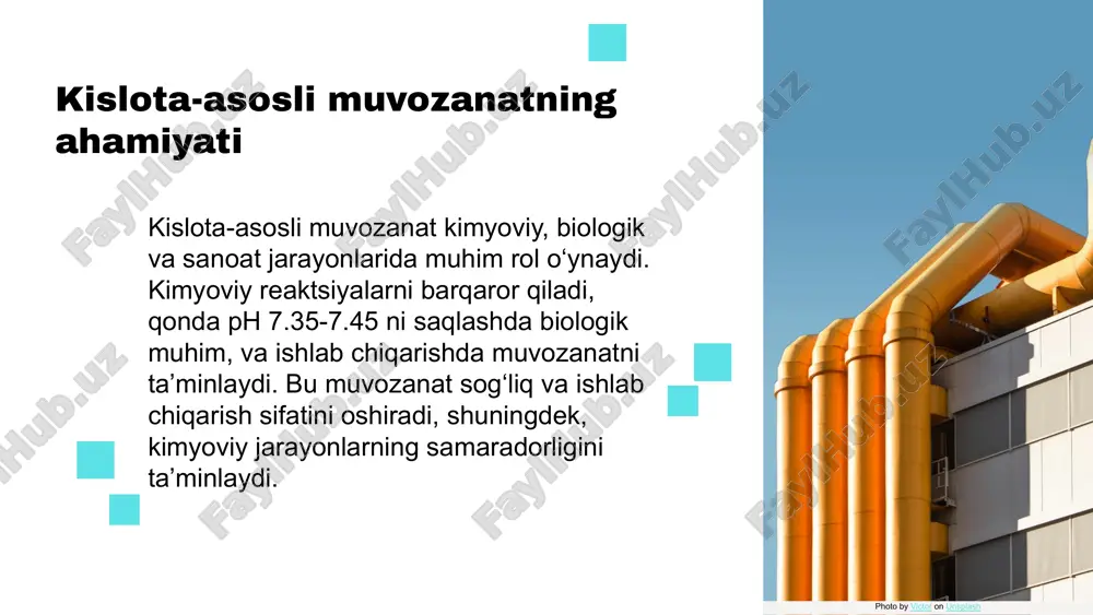 arbonat kislotasi bilan reaktsiyada, muvozanat holati va reaktsiya tezligi muhim rol o'ynaydi. kimyoviy muvozanatga ta'sir qiluvchi omillar: harorat, bosim va konsentratsiya. bu faktlar muvozanatning barqarorligini ta'minlashda muhimdir. biologik jarayonlarda ph muvozanati muhim ahamiyatga ega. masalan, qon ph darajasi 7.35-7.45 oralig'ida bo'lishi kerak. sanoatda, masalan, kimyoviy mahsulot ishlab chiqarishda, muvozanatni saqlash mahsulot sifatini oshiradi. bu jarayonlar, muvozanatni nazorat qilish orqali, samaradorlikni ta'minlaydi. amaliy misollarga, masalan, qog'oz ishlab chiqarish va dorixona sanoati kiradi. qog'oz ishlab chiqarishda kislota-asos muvozanati muhim, chunki u mahsulot sifatini yaxshilaydi. dorixona sohasida, muvozanatni saqlash, dorilarning sifat va xavfsizligini ta'minlaydi. bu misollar muvozanatning kundalik hayotdagi ahamiyatini ko'rsatadi. kislota-asosli muvozanatning amaliy misollari kislota va asoslar o'rtasidagi muvozanat misollari: sirka (xlorid kislota bilan), ammiak suyuqligi, limon va tuzlar bilan reaksiyalar. bu misollar kundalik hayotda, ovqatlanishda va tibbiyotda muhim ahamiyatga ega. sanoatda fosforit qazib olish, gidrometallurgiya jarayonlari va ekologiyada suv va tuproqni himoya qilish uchun kislota-asosli muvozanat muhimdir. bu amaliy misollar muvozanatning …