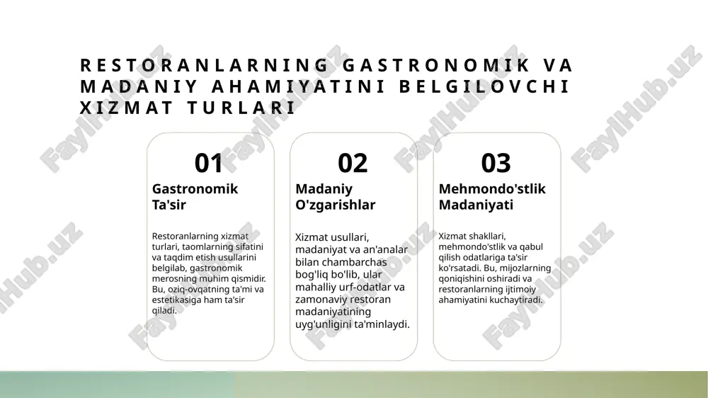 m ahamiyatga ega. foydalanilgan adabiyotlar 1. o'zbekiston restoranlarining turlari va xizmat darajalari. o'zbekiston kattaliklar assotsiatsiyasi, 2020. 2. shodmonov, a. restoranlar madaniyati va xizmat ko'rsatish. toshkent davlat universiteti, 2019. 3. mustaqil, b. gastronomik xizmatlar va restoran klassifikatsiyasi. o'zbekiston oziq-ovqat va ichimliklar jurnali, 2021. 4. qodirov, d. restoran turlari va xizmat darajalarining rivojlanishi. o'zbekiston madaniyat va turizm vazirligi nashri, 2018. 5. islomov, s. o'zbekiston restoranlarining madaniy va gastronomik ahamiyati. toshkent: madaniyat va san'at nashri, 2022. e'tiboringiz uchun rahmat!