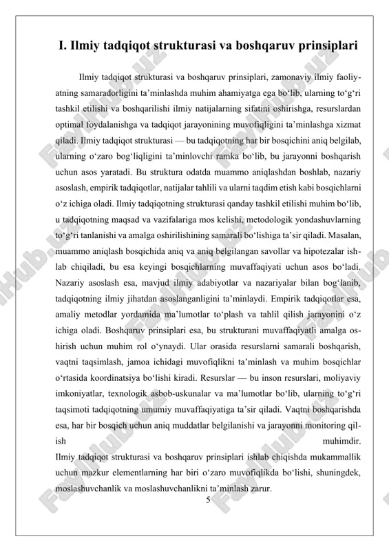 iy ma’lumotlar to‘planadi. keyinchalik bu ma’lumotlar tahlil qilinadi va asoslangan xulosalar chiqariladi. ilmiy tadqiqotning eng muhim jihatlaridan biri bu uning tartibli va izchil boshqaruv asosida olib borilishidir. ilmiy boshqaruv deganda, tadqiqot jarayonining rejalashtirilishi, moliyalashtirilishi, nazorat qilinishi va natijalarining baholanishi tushuniladi. ilmiy boshqaruv prinsiplariga quyidagilar kiradi: tizimlilik, izchillik, aniqlik, mas’uliyatlilik, ochiqlik, hamkorlikka tayanganlik va samaradorlikka intilish. tizimlilik prinsipi tadqiqotning barcha bosqichlarini bir butun sifatida ko‘rib chiqishni talab qiladi. har bir bosqich oldingisi bilan bog‘liq bo‘lib, umumiy maqsad sari yo‘naltirilgan bo‘lishi lozim. izchillik prinsipi esa ilmiy ishni bosqichma-bosqich, aniq ketma-ketlikda amalga oshirishni ko‘zda tutadi. aniqlik va aniqlik prinsipi ilmiy ishda faktlarga asoslanish, subyektivlikdan voz kechish, har bir da’voni dalillar bilan tasdiqlashni taqozo etadi. mas’uliyatlilik esa ilmiy halollik, mualliflik huquqlariga hurmat va intellektual mulkka ehtiyotkorona yondashishni bildiradi. ilmiy tadqiqotlarda ochiqlik va shaffoflik tamoyili ham muhim rol o‘ynaydi. bu prinsiplarga asoslanib olib borilgan ilmiy ish jamiyatga foyda keltiradi, boshqa olimlar tomonidan baholanishi va takomillashtirilishi …