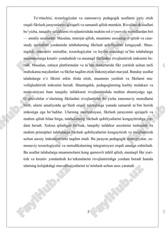 ish va fikrni asoslash ko'nikmalarini rivojlantiradi. pbl usuli yordamida talaba muammoli vaziyatda kreativlik va analitik fikrlash qobiliyatlarini oshiradi. uchinchi usul - case-study metodlari. bu usul talabalarga real yoki fikrga asoslangan holatlarni tahlil qilish imkonini yaratadi. talaba har bir holatni chuqur o'rganib, muammolarni aniqlash, tahlil qilish va qarorlar qabul qilish uchun fikrlash jarayonini boshqaradi. case-study metodlari muhim bo'lib, ular talabalarga real hayotdagi vaziyatlarda tanqidiy fikrlashni amaliyotga tatbiq etishga yordam beradi. fikrlash mashqlari ham tanqidiy tafakkurni rivojlantirishda keng qo'llaniladi. bu mashqlar talabalarga savol berish, fikrni asoslash, qaror qabul qilish va fikrlarni muvofiqlashtirish ko'nikmalarini shakllantirishga yordam beradi. masalan, "fikirlarni muvofiqlashtirish" mashqlari talabalarga fikrlarni turli nuqtai nazardan ko'rishni o'rgatadi va muvofiqlashtirilgan fikr yuritishni rivojlantiradi. shuningdek, zamonaviy texnologiyalar va interaktiv metodlar tanqidiy tafakkurni rivojlantirishda muhim vositalardir. talabalar uchun onlayn platformalar, ta'lim dasturlari va mobil ilovalar yordamida fikrlash mashqlari, munozaralar va loyihalar o'tkaziladi. masalan, intellektual o'yinlar va simulyatsiyalar muammolarga kreativ yondashishni va tahliliy fikrlashni kuchaytiradi. bu …