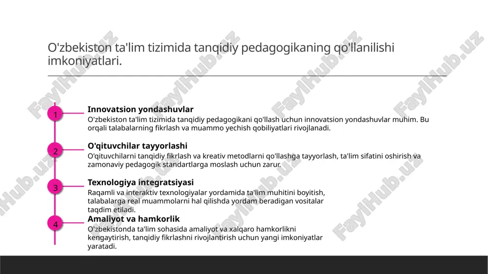 yondashuvlar o'zbekiston ta'lim tizimida tanqidiy fikrlashni qo'llash uchun innovatsion pedagogik metodlar, texnologiyalar va o'qitish shakllarini kengaytirish muhim. bu orqali o'quvchilarning analitik va muammo hal qilish qobiliyatlari rivojlanadi. 2 ta'lim siyosati va dasturlar davlat ta'lim siyosati va dasturlarida tanqidiy fikrlashni rivojlantirishga qaratilgan aniq strategiyalar va standartlar joriy etilishi muhim ahamiyatga ega. bu esa tizimda uzluksiz rivojlanishni ta'minlaydi. 3 ustozlar va o'quvchilar hamkorligi ustozlar va o'quvchilar o'rtasida faol muloqot va hamkorlikni rivojlantirish, tanqidiy fikrlashni qo'llash uchun muhim omil hisoblanadi. bu yondashuv o'quv jarayonini yanada samarali va ijodiy qiladi. tanqidiy fikrlashni rivojlantirish uchun innovatsion pedagogik yondashuvlar. 1 innovatsion metodlar - tanqidiy fikrlashni rivojlantirish uchun innovatsion pedagogik yondashuvlar yangi texnologiyalar, kreativ metodlar va interaktiv usullarni o'z ichiga oladi. bu yondashuvlar o'quvchilarning muammolarni tahlil qilish va mustaqil fikrlash ko'nikmalarini oshiradi. 2 o'yin va simulyatsiyalar - o'yinlar va simulyatsiyalar yordamida talaba muhitni faol yaratadi, bu esa fikrlash jarayonini qiziqarli va amaliy qiladi. bu usul kreativ va …