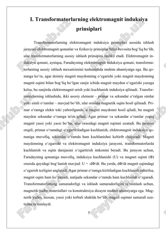 rish mexanizmi transformatorda kuchlanmaning ortishi yoki kamayishi o‘ramlar sonining nisbati bilan belgilanadi. agar ikkilamchi o‘ramdagi chulg‘amlar soni birlamchi o‘ramdagidan ko‘p bo‘lsa, kuchlanma ortadi. aksincha, agar ikkilamchi o‘ramdagi chulg‘amlar kam bo‘lsa, kuchlanma kamayadi. bu xossa transformatorlarni elektr uzatish tarmoqlarida juda samarali vositaga aylantiradi. ii. ularning energiya yo‘qotilishi va issiqlik nazorati transformatorlarning energiya yo‘qotilishi va issiqlik nazorati muhim muammolar bo‘lib, ular transformatorlarning samaradorligini ta’minlash va uzoq muddatli ishlashini davom ettirish uchun asosiy ahamiyatga ega. elektr energiyasini uzatishda, transformatorlar o‘z ichiga olgan elektromagnit jarayonlar natijasida energiya yo‘qotilishi yuzaga keladi. bu yo‘qotilishlar asosan ikki turga bo‘linadi: o‘zaro bog‘liq bo‘lmagan issiqlik yo‘qotilishi (sıcaklik bilan bog‘liq) va elektromagnit yo‘qotilishlar (magnetik va elektr yo‘qotishlar). bu muammolarni hal qilish va nazorat qilish uchun, muhandislar va ilmiy jamoa turli texnologiyalar va metodlarni ishlab chiqmoqda. energiyaning yo‘qotilishining asosiy manbasi — magnetik yassi va o‘tkazgichlar orasida yuzaga keladigan elektr yo‘qotishlar. bu yo‘qotishlar asosan o‘tkazgichlarning elektr qarshiligi va magnetik yassi ichidagi hysteresis …