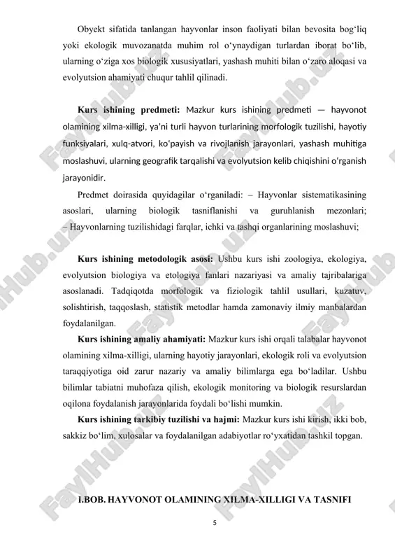 vchilar, sudralib yuruvchilar, baliqlar va amfibiyalar (suvda-quruklikda yashovchilar) sinfiga kiradi. hayvonlarning asosiy sistematik tiplari orasida eng ko‘p tarqalganlari bu – umurtqasizlar va umurtqalilardir. umurtqasiz hayvonlar – tashqi skeletga ega yoki butunlay skeletsiz bo‘lgan jonzotlar bo‘lib, ular orasida hasharotlar, mollyuskalar, chuvalchanglar, zamburug‘lar va boshqalar mavjud. bunday hayvonlar yer yuzidagi barcha hayvonlarning qariyb to‘qson foizini tashkil etadi. ayniqsa hasharotlar guruhi bu borada alohida o‘ringa ega, chunki ularning turlari juda ko‘p, yashash muhitiga moslashuv darajasi esa nihoyatda yuqori. umurtqali hayvonlar esa murakkab tuzilishga ega bo‘lib, markaziy asab tizimi, qon aylanish tizimi, murakkab a'zolari va ichki skeleti bilan ajralib turadi. bu guruhga baliqlar, amfibiyalar, sudraluvchilar, qushlar va sutemizuvchilar kiradi. har bir sinf o‘ziga xos fiziologik va morfologik belgilarga ega. masalan, qushlar tanasi pat bilan qoplangan, oldingi oyoqlari qanotga aylangan, yuragi to‘rt kamerali, tanasi yengil va suyaklari ichi bo‘sh bo‘ladi. sutemizuvchilarda esa tanasi jun bilan qoplangan, tuxum o‘rniga tirik bola tug‘adi, bolalarini sut bilan boqadi. …