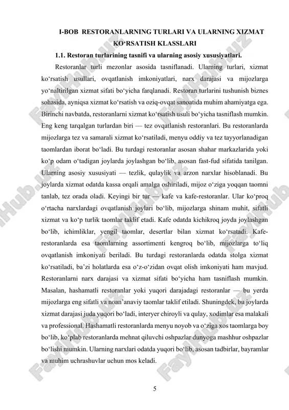 iy restoranlar bolalar uchun mos sharoitlar, qulay o‘tirish joylari va farzandlar menyusini taklif qiladi. bu restoranlarda asosan an’anaviy taomlar va sevimli milliy ovqatlar beriladi. yoshlar uchun mo‘ljallangan restoranlarda esa ko‘proq zamonaviy, tez tayyorlanadigan taomlar, kofe va ichimliklar, shuningdek, interyerda yorqin, zamonaviy dizayn mavjud bo‘ladi. restoranlarni joylashuvi va ishlash vaqti bo‘yicha ham tasniflash mumkin. masalan, turistik joylardagi restoranlar asosan mahalliy va milliy taomlarga urg‘u beradi, bu esa mehmonlarga o‘sha hudud madaniyati bilan tanishishga yordam beradi. shuningdek, aeroport yoki temiryo‘l stantsiyalaridagi restoranlar tez va samarali xizmat ko‘rsatishga yo‘naltirilgan bo‘ladi, mijozlar ko‘pincha qisqa vaqt ichida ovqatlanishni xohlashadi. kunning turli vaqtlarida xizmat ko‘rsatish tartibi o‘zgarishi mumkin: ba’zi restoranlar faqat tushlik vaqtida, boshqalari esa kechki ovqat uchun maxsus menyu taklif qiladi. restoranlar shuningdek, taomlar tayyorlash usuli va menyu turiga qarab ham farqlanadi. masalan, grill restoranlari faqat qovurilgan, panjara usulida tayyorlangan taomlarni taklif qiladi. pizzeriyalar esa faqat pizza va unga tegishli mahsulotlarni sotadi. sushi restoranlari esa …