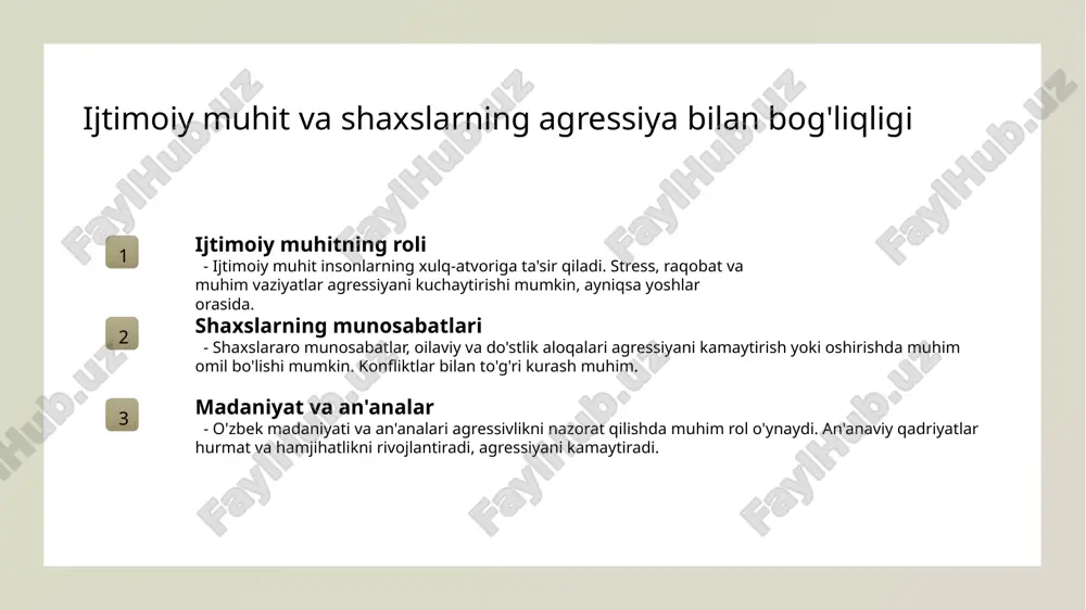 iladi. uzbek jamiyatida agressivlikning ijobiy va salbiy tomonlarini tahlil qilish ijobiy tomonlari agressivlik ba'zan muomala va o'zaro tushunishni rivojlantirish uchun imkoniyat yaratadi, shuningdek, muhim muammolarni ochiq muhokama qilishga yordam beradi. salbiy tomonlari uzoq muddatli agressiya shaxsiy muammolar, oilaviy muvozanatni buzadi, hamda jamiyatda nizolar va shaxslararo ziddiyatlarni kuchaytiradi. ijtimoiy ta’sirlar agressivlikning ijobiy va salbiy tomonlari, madaniyat va jamiyat normalariga bog'liq bo'lib, uning shakllanishi va qabul qilinishida muhim rol o'ynaydi. interpersonal agressiyaning turli shakllari va ularning asosiy sabablari 1 tashqi muhit ta'siri atrof-muhitdagi muammolar, stress va bosimlar insonlarda agressivlikni kuchaytirishi mumkin. oila, maktab yoki ish joyidagi muhit bu xulq-atvorni shakllantiradi. 2 psixologik omillar o'zini past baholash, qoniqmaslik yoki xafa bo‘lish hissi agressiyani oshiradi. shaxsiy muammolar va ichki konfliktlar uning asosiy sabablari bo‘lishi mumkin. 3 ijtimoiy va madaniy faktlar jamiyatdagi stereotiplar, madaniyat va an'analarning agressivlikni rivojlantirishda roli katta. masalan, erkaklik yoki kuch bilan bog'liq normalar aggressiyani rag'batlantiradi. 4 qonuniy va etik normalar qonun …