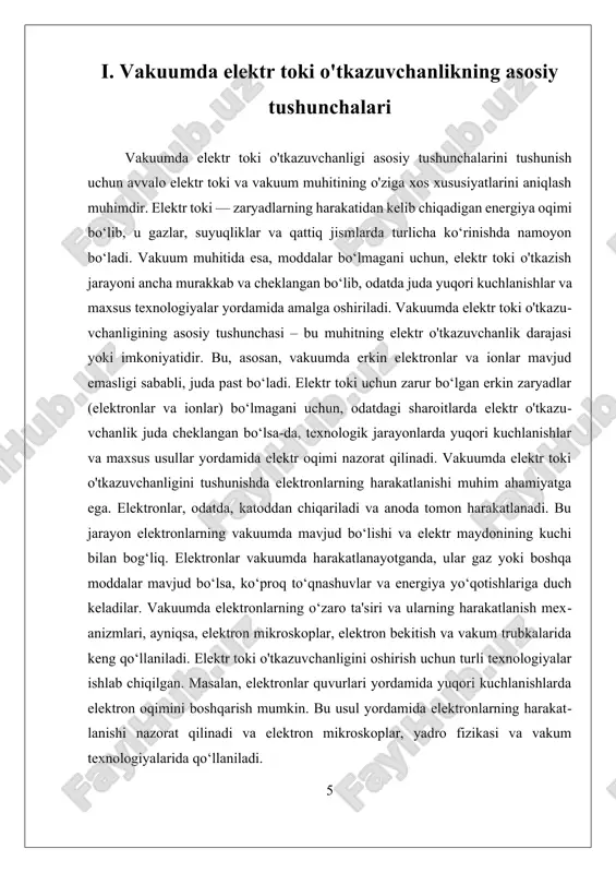 ‘sishi va portlashi orqali elektr o'tkazuvchanligini oshiradi yoki nazorat qiladi. vakuum texnologiyalarining rivojlanishi bilan, yuqori kuchlanishlar va chastotalarda ishlash uchun yangi usullar ishlab chiqildi. masalan, elektron mikroskoplar va vakuum trubkalarida, yuqori voltajli elektrodlar yordamida elektronlar oqimi yo‘naltiriladi. bu texnologiyalar yuqori aniqlik va samaradorlik bilan ishlashga imkon beradi, ayniqsa, yadro reaktorlarida va kosmik texnologiyalarda muhimdir. yadro fizikasi sohasida, vakuum muhitida bo‘shliq yordamida radioaktiv zarrachalar va yadroviy jarayonlarni nazorat qilish imkoniyati kengaytirildi, bu esa atom energiyasini nazorat qilish va yadro reaktorlarini xavfsiz ishlash uchun muhimdir. vakuumda elektr toki bilan ishlash texnologiyalarining asosiy muammolaridan biri, elektr o'tkazuvchanligining pastligi bilan bog‘liq. boshqa so‘z bilan aytganda, vakuum muhitida elektronlar va ionlarning harakatlanishi juda cheklangan, chunki ular uchun zarur bo‘lgan erkin elektronlar yoki ionlar mavjud emas. bu muammo yuqori kuchlanishlar va maxsus texnikalar yordamida hal qilinadi. masalan, elektronlarning oqimini oshirish uchun yuqori kuchlanishlar bilan ishlash yoki elektronlarni katodlar yordamida chiqarish texnologiyalari qo‘llaniladi. bundan tashqari, vakuum muhitida …