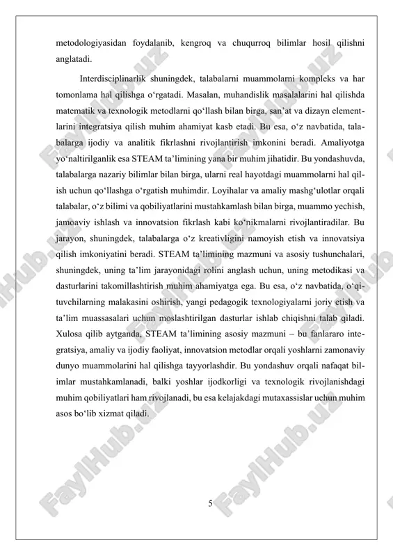 rqali yoshlar uchun muhit yaratish mumkin. bu texnologiyalar, ayniqsa, onlayn va aralash ta’lim shakllarida keng qo‘llanilmoqda va yoshlarning ijodkorligini oshirishda muhim rol o‘ynaydi. innovatsiyalar, shuningdek, o‘qituvchilarning malakasini oshirish va yangi metodikalarni joriy etish orqali ta’lim sifatini yaxshilash imkonini beradi. amaliyotga o'tish jarayonida, nazariy bilimlar nafaqat sinfda, balki haqiqiy hayotdagi muammolarni hal qilishda ham qo‘llaniladi. bu uchun, loyiha asosidagi ta’lim va amaliy mashg‘ulotlar muhim ahamiyatga ega. masalan, ekologiya muammolarini hal qilish uchun o‘quvchilar ekologik loyihalar ishlab chiqadilar, yoki texnologik muammolarni hal qilish uchun real mahsulotlar va prototiplar yaratadilar. bu yondashuv, yoshlarni nafaqat bilim bilan ta’minlash, balki ularni innovatsion fikrlash va muammoni hal qilishda faol ishtirok etishga o‘rgatadi. bu jarayon, shuningdek, o‘qituvchilar va talaba o‘rtasidagi hamkorlikni kuchaytiradi va ta’lim muhitini dinamik va ijodiy qiladi. steam ta’limining innovatsion metodlari, loyiha va muammo yechimlariga asoslangan ta’lim, hamda ko‘rgazmali va interaktiv texnologiyalar bilan boyitilgan bo‘lib, ular talabalarni faqat bilim bilan ta’minlamay, balki ularni zamonaviy muhitda …
