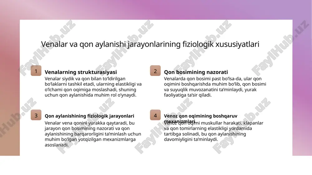 planishiga va qon aylanishining buzilishiga olib keladi. patofiziologik jarayonlar venoz tizimdagi muammolar, qon bosimi va qon qattiqlashining patofiziologik asoslarini tushunish, davolash va oldini olish uchun muhimdir. yurak va venoz tizim o'rtasidagi aloqalar: muammolar va profilaktika choralari 1 yurak va venoz tizimning aloqasi yurak va venoz tizim bir-biri bilan doimiy ravishda bog‘liq bo‘lib, yurak qon tomirlarining umumiy funksiyasini ta’minlaydi, qon aylanishining uzluksizligini ta’minlaydi. 2 muammolar va xavf omillari yurak va venoz tizimdagi muammolar (masalan, yurak yetishmovchiligi yoki venoz tromboz) qon aylanishini buzib, organizmda gipoksiya va turli kasalliklarni keltirib chiqarishi mumkin. 3 profilaktika va davolash muammolarni oldini olish uchun sog‘lom turmush tarzini saqlash, jismoniy faollik, to‘g‘ri ovqatlanish va shifokor nazorati muhimdir. zamonaviy davolash metodlari muhim rol o‘ynaydi. xulosa 01 venoz tizimning asosiy vazifalari va roli venoz tizim organizmda deoxygenatlangan qon yetkazib, yurakka qaytaradi, qon aylanishini muvofiqlashtiradi va sog‘liqni ta’minlaydi. bu tizim yurak va boshqa organlar uchun muhim vazifa bajaradi, sog‘liqni saqlashda asosiy …
