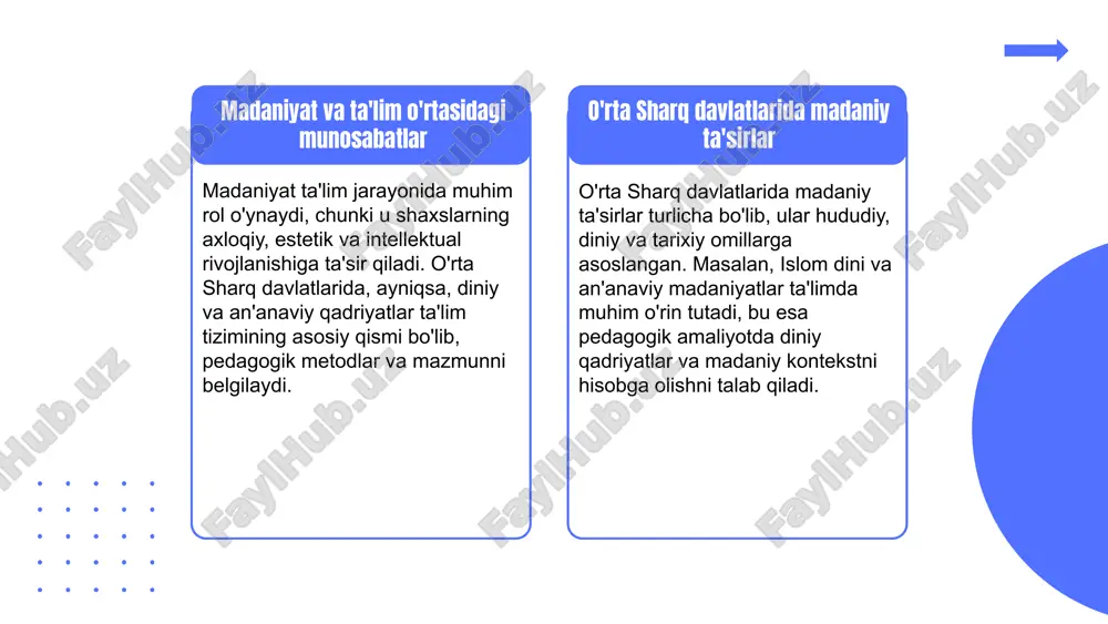 moiy, madaniy va iqtisodiy ta'sirlar: taqqoslash ijtimoiy, madaniy va iqtisodiy ta'sirlarning farqlari ijtimoiy ta'sirlar odatda aholi muhitiga ta'sir qiladi, madaniy ta'sirlar an'analar va urf-odatlarga ta'sir ko'rsatadi, iqtisodiy ta'sirlar esa mamlakatning iqtisodiy rivojlanishiga ta'sir qiladi. bu farqlar ularning ta'lim va ijtimoiy hayotdagi rolida ham namoyon bo'ladi. ta'lim tizimlarida ta'sirlarning o'zaro bog'liqligi ijtimoiy, madaniy va iqtisodiy ta'sirlar o'zaro bog'liq bo'lib, birining o'zgarishi boshqasiga ta'sir qiladi. masalan, iqtisodiy rivojlanish ta'lim imkoniyatlarini kengaytiradi, madaniyat esa ta'lim jarayonida muhim rol o'ynaydi. yaqin va o'rta sharq davlatlari taqqoslash yaqin va o'rta sharq davlatlarida ijtimoiy, madaniy va iqtisodiy ta'sirlar o'ziga xos bo'lib, ularning ta'lim tizimlariga ta'siri ham farq qiladi. masalan, iqtisodiy imkoniyatlar va madaniy an'analar ta'lim metodlariga ta'sir qiladi. xulosa yaqin va o'rta sharq pedagogikasining tarixiy va madaniy asoslarini umumiy xulosa qilish muhimdir, bu ularning rivojlanish yo'nalishini va xususiyatlarini tushunishga yordam beradi. pedagogik tizimlar va nazariy yondashuvlarning o'ziga xosligini yodda tutish, ularning amaliyotda qanday qo'llanilishini va ta'lim …