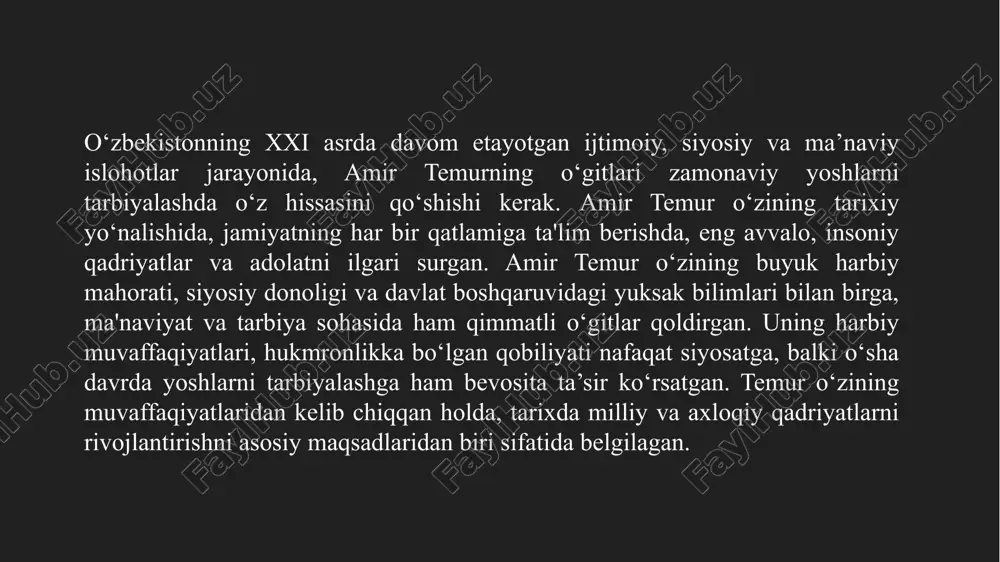 o‘zbekiston – taraqqiyot va ma’rifat yo‘lida. – toshkent: “o‘zbekiston”, 2020 oʻzbekiston respublikasining 2020 yil 23-sentabrdagi o`rq-673-sonli “ta`lim to`g`risidagi” qonuni. https://lex.uz/docs/-5013007 o`zbekiston respublikasi vazirlar mahkamasining 2021 yil 26-fevraldagi 108-sonli “o`zbekiston respublikasi xalq ta`limi vazirligi huzuridagi respublika ta`lim markazi faoliyatini yanada takomillashtirish chora-tadbirlari to`g`risida”gi qarori. https://lex.uz/docs/5309463 “2017-2021yillarda o`zbekiston respublikasini rivojlantirishning beshta ustuvor yo`nalishi bo`yicha harakatlar strategiyasi” o`zbekiston respublikasi prezidentining 2017 yil 7 fevraldagi pf-4947-sonli farmoni. (o`zbekiston respublikasi qonun hujjatlari to`plami, 2017 y., 6-son, 70-modda) https://lex.uz/docs/-3107036 mirziyoev sh.m. erkin va farovon, demokratik o`zbekiston davlatini birgalikda barpo etamiz. o`zbekiston respublikasi prezidenti lavozimiga kirishish tantanali marosimiga bag`ishlangan oliy majlis palatalarining qo`shma majlisidagi nutq / sh.m. mirziyoev. – t.: o`zbekiston, 2016. - 56 b. etiboringiz uchun rahmat! image2.png