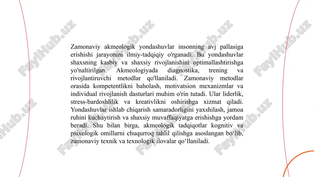 dan-yilga oshib bormoqda. masalan, 2018-yilda global tadqiqot va rivojlanishga ajratilgan mablag‘ 1.7 trillion dollarni tashkil etdi. innovatsiyalar qashshoqlik darajasini kamaytirishga, mahsuldorlikni oshirishga va yangi ish o‘rinlari yaratishga yordam beradi. o‘zbekiston respublikasi ham ushbu yo‘nalishda faoliyat olib borib, qator innovatsion loyihalarni amalga oshirmoqda. ... t.me/slaydai_bot 13. o'zini tanlash va o'zini anglash o'zini tanlash va o'zini anglash insonning o'z qobiliyatlari, qiymatlari va maqsadlarini anglash jarayonidir. ushbu jarayon ijtimoiy-psixologik omillar va shaxsning individual tajribalariga bog'liq. turli tadqiqotlar ko'rsatmoqdaki, yoshlik davrida o'zini anglashning rivojlanishi o'simlik yoshida eng dinamik bo'ladi va 17-25 yosh orasida eng yuqori darajaga yetadi. o'zini anglash ko'nikmalari oila, ta'lim, do'stlar va ijtimoiy muhitning ta'siri bilan ham rivojlanadi. 2005 yilda o'tkazilgan bir tadqiqotda 1000 nafar yoshlarning 60% o'zlarini yaxshi anglashlarini aytishgan, 2020 yilda esa bu ko'rsatkich 75%ga yetgan. akmeotosiya professionallik cho'qqisiga erishish yo ilari saidova mohina e'tiboringiz uchun raxmat! image1.png image2.png image3.png image4.jpeg image5.png image6.jpeg image7.jpeg image8.jpeg image9.jpeg