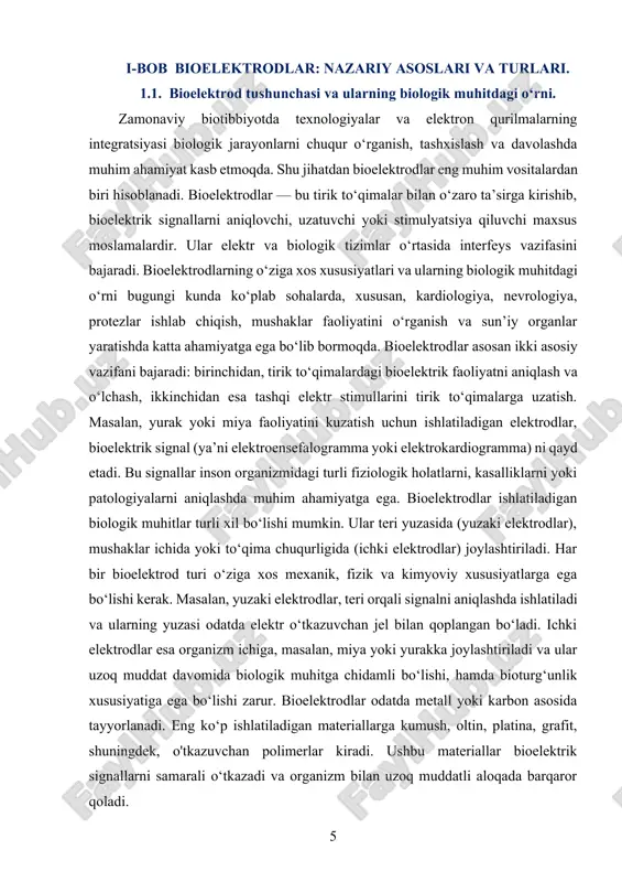 si orqali davolash imkoniyati. masalan, yurak stimulyatori (pacemaker) yurak ritmini normallashtirish uchun elektr zarbalarni yuboradi. parkinson kasalligida esa miya chuqur qismlariga joylashtirilgan bioelektrodlar orqali elektr stimulyatsiyasi berilib, bemorning holatini yengillashtirishga erishiladi. bu esa bioelektrodlarning nafaqat tashxis, balki bevosita davolashda ham qo‘llanilishidan dalolat beradi. shuningdek, ilmiy tadqiqotlarda bioelektrodlar orqali tirik organizmlardagi bioelektrik jarayonlarni o‘rganish, ularning fiziologik, biokimyoviy va biotexnologik mexanizmlarini anglash imkonini beradi. shu jihatdan, bioelektrodlar biologiya, biotibbiyot, biokimyo va biofizika sohalarining kesishgan nuqtasida joylashgan ko‘p qirrali vosita bo‘lib xizmat qiladi. hozirgi kunda ilg‘or texnologiyalar yordamida ishlab chiqilayotgan yumshoq, egiluvchan va teriga yopishuvchi bioelektrodlar fiziologik harakatlar vaqtida ham signal sifatini yo‘qotmasdan ishlay oladi. bu esa ularning sport tibbiyoti, reabilitatsiya, uy sharoitida kuzatuv tizimlari kabi ko‘plab yangi yo‘nalishlarda qo‘llanilishiga yo‘l ochmoqda. 1.2. bioelektrodlarning tuzilishi va turlari. zamonaviy biotibbiyot, biofizika va bioinjiniring sohalarida bioelektrodlar muhim ahamiyat kasb etadi. ular tirik organizm bilan bevosita yoki bilvosita aloqada bo‘lib, elektr signalini qabul qilish, uzatish yoki …