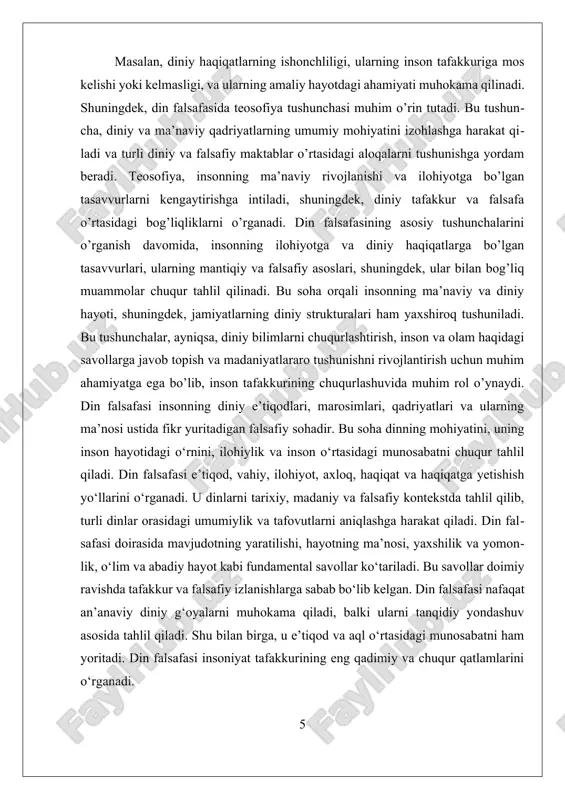 ning tubidagi savollarga javob topishga harakat qilgani sababli, u doimo shaxsiy izlanish va tajriba bilan bog‘liq. inson o‘z e’tiqodi, hayot mazmuni, o‘limdan keyingi hayot haqida o‘ylaganda, aslida u falsafiy izlanishga kirgan bo‘ladi. shu bois, din falsafasi nafaqat akademik sohaga, balki har bir insonning ichki ruhiy hayotiga ham daxldor hisoblanadi. shuningdek, din falsafasi turli davrlar va madaniyatlarda qanday rivojlanganini ham o‘rganadi. misol uchun, qadimgi yunon falsafasida ilohiylik haqida o‘ziga xos qarashlar bo‘lgan bo‘lsa, islom falsafasida mutakallimlar, faylasuflar va so‘fiylar dinning turli jihatlarini tahlil qilganlar. g‘arbda esa din falsafasi asosan xristianlik asosida shakllangan bo‘lib, shubha va ishonch o‘rtasidagi murakkab munosabatlarni tahlil qiladi. ii. diniy e'tiqod va aqidalar amaliyotdagi roli diniy e'tiqodlar va aqidalar insonlarning ma'naviy hayotini shakllantirishda muhim rol o'ynaydi. ular, avvalo, insonning xudo bilan bo'lgan aloqasini, dunyoqarashini va axloqiy qadriyatlarini belgilab beradi. diniy e'tiqodlar insonlarning kundalik amaliyotlarida, ijtimoiy munosabatlarida va madaniyatda o'z aksini topadi. ularning amaliy roli esa, insonlarning ma'naviy ehtiyojlarini …