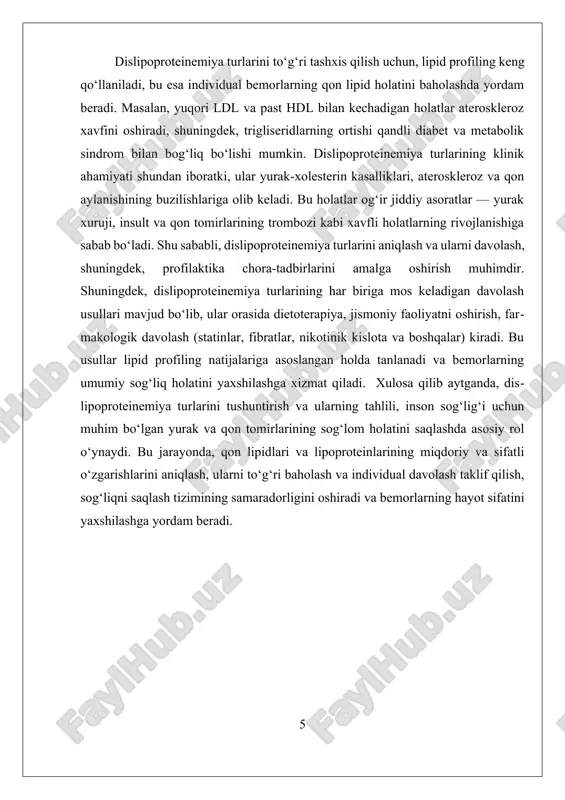 ik holatlarni o‘rganishda muhim ahamiyatga ega. yallig‘lanish holatlari oshqozon shilliqligi va mahalliy himoya mexanizmlarining buzilishiga olib keladi, bu esa yara va shishlarning rivojlanishiga sabab bo‘lishi mumkin. oshqozon suyuqligi tashxisining klinik ahamiyati yallig‘lanishning darajasini aniqlash bilan birga, ularning muolaja takliflarini belgilashda ham muhimdir. uchinchidan, oshqozon suyuqligi tahlili oshqozon-ichak yara kasalliklarining kechishi va tibbiy nazorat qilishda muhim bo‘lib, kasallikning turini aniqlashga yordam beradi. yara kasalliklarida oshqozon shilliqligi va kislotalik darajasining o‘zgarishi, shuningdek, davolash jarayonlari bilan bog'liq o'zgarishlar tahlil qilinadi. bu tahlil yordamida davolashning samaradorligini baholash, kasallikning kechishi va remissiya davrlarini aniqlash mumkin. oshqozon suyuqligi tashxisining klinik ahamiyati shundan iboratki, u yurak-xolesterin kasalliklari, ateroskleroz va metabolik buzilishlar bilan bog‘liq dislipoproteinemiya holatlarini ham kuzatishda qo‘llaniladi. buning uchun, oshqozon suyuqligi va lipid profilini birgalikda baholash, organizmning umumiy metabolik holatini tushunishga yordam beradi. dislipoproteinemiya va oshqozon-ichak kasalliklari o‘rtasidagi bog‘liqlikni o‘rganish, ularni oldini olish va samarali davolash uchun muhim bo‘lib, bu esa klinik amaliyotda oshqozon suyuqligi tashxisining …