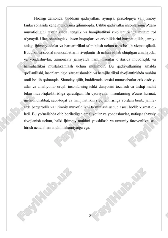 ta'minlaydi. bu yondashuv, shuningdek, insonlarning o‘zaro yordam va hamjihatlikni rivojlantirishda muhim rol o‘ynaydi. buddizmda sotsial munosabatlarni yaxshilash uchun ishlab chiqilgan etik qoidalar, masalan, "panca sila" (besh etik qoidalar) ham jamiyatda ijtimoiy muhitni yaxshilashga xizmat qiladi, chunki ular insonlarning o‘zaro muomala va munosabatlarini to‘g‘ri va adolatli qilishga undaydi. hozirgi zamonda, buddizmda sotsial munosabatlarni rivojlantirishga qaratilgan amaliyotlar va yondashuvlar psixologiya, etika va ijtimoiy fanlar bilan bog‘liq ilmiy tadqiqotlar uchun muhim bo‘lib qolmoqda. bu, insonlarning o‘zaro muvofiqligini va ijtimoiy barqarorlikni ta'minlashda muhim rol o‘ynaydi. zamonaviy jamiyatda, inson huquqlari, tenglik va hamjihatlikni rivojlantirish uchun buddizm ta'limotlaridan ilhomlanib, muayyan amaliyotlar ishlab chiqilmoqda. bu esa, insonlar o‘rtasidagi muvofiqlik va hamjihatlikni kuchaytirishga yordam beradi, shuningdek, jamiyatdagi ijtimoiy muammolarni hal etishda muhim omil bo‘lib xizmat qiladi. shunday qilib, buddizmda sotsial munosabatlar muhim qadriyatlar va amaliyotlar orqali rivojlantiriladi. bu qadriyatlar insonlarning ichki dunyosini va tashqi muhit bilan bo‘ladigan aloqalarini yaxshilashga xizmat qiladi, jamiyatda hamjihatlik, mehr-muhabbat va sabr-toqatni mustahkamlashga yordam …