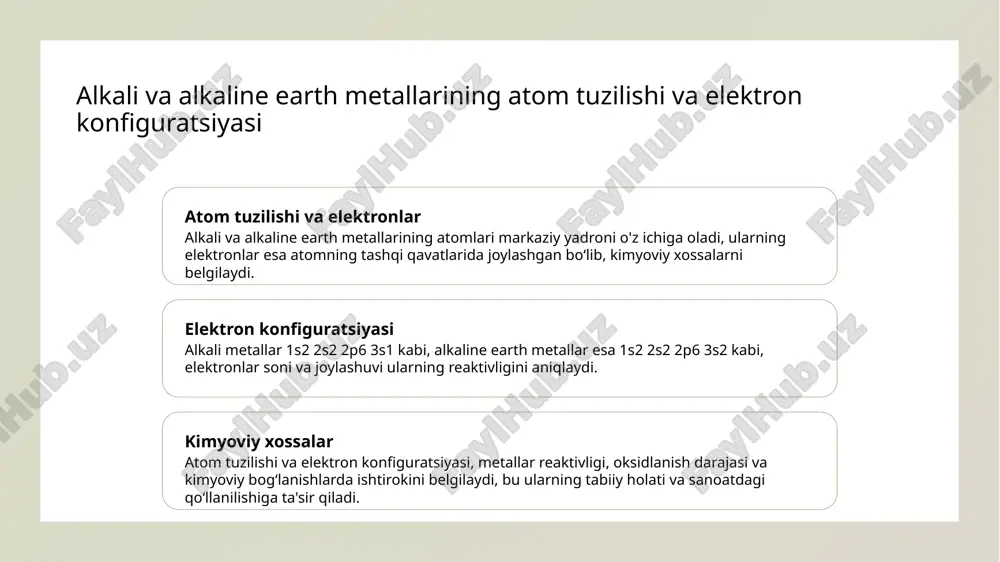 aromadlar yaratadi. 03 yangi texnologiyalar va innovatsiyalar sanoat sohasida ularning yangi texnologiyalar va ekologik toza yechimlarda qo‘llanilishi rivojlanmoqda, bu esa iqtisodiy va ekologik foyda keltiradi. o‘zbekiston ilm-fani va sanoatida i va ii guruh elementlarining o‘rni va qo‘llanilishi. 1 zamonaviy sanoatda roli - o‘zbekiston sanoatida alkali va alkaline earth metallari turli sohalarda keng qo‘llaniladi, masalan, metallurgiya, qurilish va kimyo sanoatida muhim ahamiyat kasb etadi. 2 ilmiy tadqiqotlar - o‘zbekiston ilm-fani alkali va alkaline earth metallari bo‘yicha ko‘plab innovatsion metodlar va texnologiyalar rivojlantirishga hissa qo‘shmoqda. 3 mahalliy ishlab chiqarish - mamlakatda bu elementlar asosida yangi texnologiyalar va mahsulotlar ishlab chiqarish uchun imkoniyatlar kengaymoqda, bu esa iqtisodiy rivojlanishga turtki bo‘lmoqda. 4 madaniy va ekologik ahamiyati - bu elementlar ekologik muhofaza va madaniyatimizda ramziy ma’noga ega bo‘lib, ularning qo‘llanilishi va o‘rganilishi o‘zbekiston madaniy merosi bilan uzviy bog‘liq. madaniyat va tarixda alkali va alkaline earth metallarining ahamiyati va ulardan foydalanish. tarixiy ahamiyat alkali va alkaline …