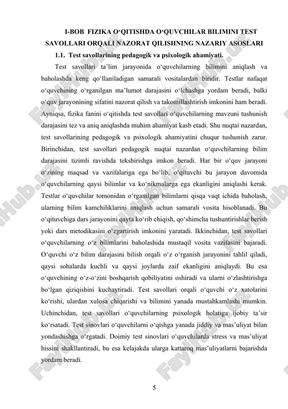 a mustahkamlaydi. to‘rtinchidan, test savollari o‘quvchilarning bilimini o‘lchashda adolatli va ob’yektiv baholash imkonini beradi. an’anaviy baholash usullarida o‘qituvchining sub’yektiv fikri bahoga ta’sir qilishi mumkin, ammo testlar aniq va standartlashtirilgan shaklda tuziladi, bu esa baholashda xatolarni kamaytiradi. test savollarining to‘g‘ri tuzilishi o‘quvchilarning bilim darajasini barobar baholashga imkon yaratadi. shu bilan birga, test sinovlari yordamida o‘quvchilarning qaysi mavzularda zaifligi yoki kuchli tomonlari aniqlanadi, bu esa o‘qituvchiga individual yondashuvni yo‘lga qo‘yishga yordam beradi. beshinchidan, test savollari o‘quvchilarning tanqidiy fikrlash va tahlil qobiliyatlarini rivojlantirishga xizmat qiladi. yaxshi tuzilgan test savollari o‘quvchilarga faqat yodlash emas, balki mavzuni chuqur tushunishni talab qiladi. bu savollar o‘quvchini o‘z fikrini shakllantirishga, bilimlarni tahlil qilishga va yangi bilimlarni amaliyotga qo‘llashga undaydi. testlarda murakkab savollar va muammoli vazifalar kiritilishi o‘quvchilarning fikrlash jarayonini rag‘batlantiradi va ularning intellektual salohiyatini oshiradi. oltinchidan, test savollari ta’lim jarayonida o‘qituvchining metodik faoliyatini takomillashtirish uchun muhim vosita hisoblanadi. test natijalari asosida o‘qituvchi o‘z dars rejalarini qayta ko‘rib chiqishi, …