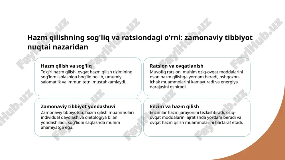 adi. bu, sog‘liqni saqlash uchun muhim rol o‘ynaydi. iqlim va geografik sharoitlar oziq-ovqat turlariga va ularning hazm qilishdagi qiyinchiliklariga ta'sir qiladi. bu omillar mahalliy ovqatlanish odatlarini shakllantiradi. xulosa 1 hazm qilish bosqichlari va ularning ahamiyati - hazm qilish bosqichlari organizm uchun muhim bo‘lib, oziq-ovqatning og‘izdan boshlanib, so‘rilishi va energiya ishlab chiqarilishiga ta’sir qiladi. 2 enzimlar va hazm qilishdagi muhim roli - enzimlar hazm jarayonida oziq-ovqat molekullarini kichik va singdiriladigan shaklga ajratadi, sog‘lom hayot uchun muhim va to‘liq singishni ta’minlaydi. 3 sog‘lom ovqatlanish va odatlarning ta’siri - to‘g‘ri ratsion va an’analarga asoslangan ovqatlanish hazm qilishni yaxshilaydi, sog‘liqni mustahkamlaydi va hayot sifatini oshirishga yordam beradi. foydalanilgan adabiyotlar 1. o'zbekiston respublikasi sog'liqni saqlash vazirligi. oziq-ovqat hazm qilish va sog'liq. toshkent: o'zbekiston matbuot nashriyoti, 2019. 2. ismoilov, d. hazm qilish jarayonining biologik asoslari. tibbiyot va biologiya jurnali, 2020. 3. rahimov, a. o'zbekistonda ovqat odatlari va hazm qilish tizimi. o'zbekiston oziq-ovqat ilmlari, 2018. 4. tashkent …
