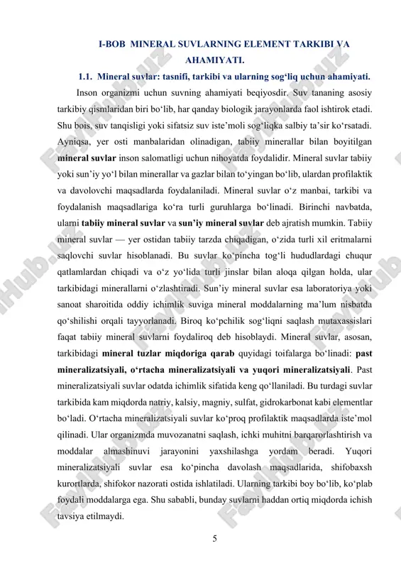 ezlarining sekretor faoliyatini kuchaytiradi, bu esa ovqatdan to‘g‘ri va to‘liq foydalana olish imkonini beradi. tibbiy amaliyotda ayrim kasalliklar uchun maxsus mineral suvlar tavsiya qilinadi. masalan, gidrokarbonatli suvlar me’da va o‘n ikki barmoq ichak yarasi, sulfatli suvlar esa jigar va o‘t yo‘llari kasalliklarida foydali sanaladi. xloridli suvlar esa asosan ich ketishni to‘xtatish, ichak harakatini normallashtirish va ovqat hazmini yaxshilash uchun qo‘llaniladi. bu suvlar ko‘pincha kurortlarda, maxsus shifobaxsh sanatoriyalarda ichimlik yoki vanna ko‘rinishida beriladi. ba’zi hollarda inhalatsiya yoki fizioterapiya shaklida ham ishlatiladi. shunga qaramay, har qanday mineral suvni cheklanmagan miqdorda ichish mumkin emas. uning noto‘g‘ri yoki me’yordan ortiqcha iste’moli organizmda tuzlar ortiqchaligiga, buyrak toshlariga, qandli diabetga moyillik va boshqa muammolarga olib kelishi mumkin. shu sababli, ayniqsa yuqori mineralizatsiyali suvlarni iste’mol qilishda shifokor bilan maslahatlashish lozim. bugungi kunda butun dunyoda, jumladan, o‘zbekistonda ham turli xil mineral suv manbalari mavjud. masalan, “obi hayot”, “novqa”, “chortoq”, “moynoq”, “suvtushar” kabi mashhur mineral suvlar mavjud bo‘lib, ularning …