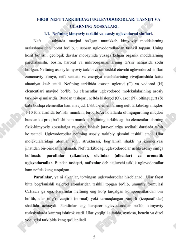 ‘lib, umumiy formulasi cₙh₂ₙ bilan ifodalanadi. neftda tabiiy ravishda oz miqdorda uchrasa-da, olefinlar termal kraking, piroliz va katalitik qayta ishlash jarayonlari natijasida hosil bo‘ladi. olefinlar reaktivligi yuqori bo‘lib, ular ko‘plab kimyoviy sintezlar uchun asosiy xom ashyo hisoblanadi. neftning tarkibida shuningdek, gumus birikmalari, metall tuzlar, suv va boshqa aralashmalar ham bo‘lishi mumkin. bu komponentlar, ayniqsa, qayta ishlash jarayonlarida ko‘plab texnologik muammolarni keltirib chiqaradi. shu sababli neft qayta ishlanishidan oldin tozalanadi va undan zarur bo‘lgan fraksiyalar ajratib olinadi. neft tarkibining murakkabligi va uning uglevodorod sinflari xilma-xilligi uni ko‘plab sanoat sohalarida muhim energiya va xom ashyo manbaiga aylantiradi. neftdan olinadigan mahsulotlar orasida benzin, dizel yoqilg‘isi, aviatsiya yoqilg‘ilari, moylash materiallari, asfalt, polimerlar, erituvchilar va ko‘plab boshqa mahsulotlar mavjud. har bir mahsulotning sifati va ishlatilish sohasi neft tarkibidagi uglevodorodlarning tuzilishi va miqdoriga bog‘liq. 1.2. alkanlar, alkenlar, aromatik va tsiklik uglevodorodlarning xossalari. uglevodorodlar — tarkibida faqat uglerod va vodorod atomlari mavjud bo‘lgan organik birikmalar bo‘lib, ular …
