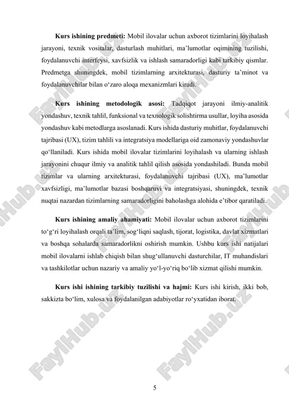lanadi. ular, tashkilotlarning ma'lumotlarni to'plashi, saqlashi, qayta ishlashi va taqdim etishidagi jarayonlarni avtomatlashtiradi. axborot tizimlari yordamida tashkilotlar o'z faoliyatlarini samarali boshqarish, qarorlar qabul qilishda tezkor va aniq ma'lumotlarga ega bo'lishadi. bu esa, o'z navbatida, raqobatbardoshlikni oshiradi. axborot tizimlari yordamida tashkilotlar mijozlar bilan o'zaro aloqalarni yaxshilash, xarajatlarni kamaytirish va biznes jarayonlarini soddalashtirish imkoniyatiga ega bo'lishadi. mobil ilovalar va axborot tizimlarining birgalikda ishlashi tashkilotlar va foydalanuvchilar uchun katta afzalliklarga ega. ular foydalanuvchilar bilan o'zaro aloqada bo'lishda, ma'lumotlarni tezkor va aniq taqdim etishda yordam beradi. misol uchun, e-tijorat ilovalari foydalanuvchilarga mahsulotlarni sotib olish imkonini beradi va shu bilan birga, tizim xaridlar bo'yicha ma'lumotlarni tahlil qilib, foydalanuvchiga mos keladigan mahsulotlarni taklif qiladi. axborot tizimlari esa barcha xaridlar, inventarizatsiya va mijozlar ma'lumotlarini tizimli tarzda boshqaradi. ushbu tizimlarning ahamiyati shundaki, ular barcha foydalanuvchilar uchun maksimal samaradorlikni ta'minlashga xizmat qiladi. mobil ilovalar yordamida foydalanuvchi o'z ehtiyojlariga mos keladigan xizmatlarni olishda qulaylikka ega bo'ladi, axborot tizimlari esa bu …