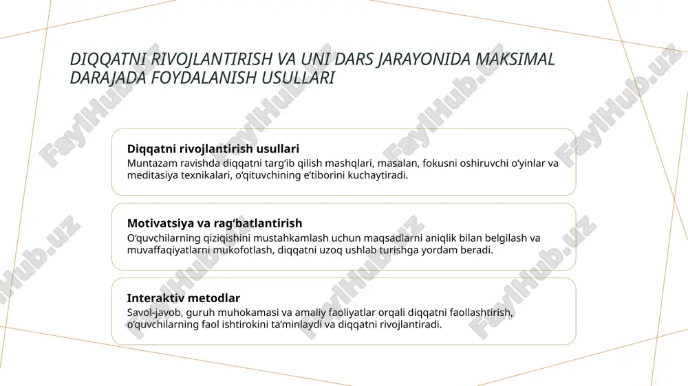 kuchaytiradi. 3 shaxsiy va ijtimoiy motivatsiya o‘quvchilarning shaxsiy ehtiyojlari va ijtimoiy muhit bilan bog‘liq motivatsiyalarni tushunish, ularni o‘rganishga qiziqishini mustahkamlashga yordam beradi. diqqatni oshirish va uni samarali foydalanish uchun zamonaviy pedagogik yondashuvlar kognitiv yondashuvlar zamonaviy pedagogik yondashuvlar, masalan, kognitiv yondashuvlar, diqqatni rivojlantirishga yordam beradi. ular orqali o‘quvchilar faol fikrlash va muammoni hal qilishga intiladi. texnologik vositalar interaktiv ta’lim platformalari, mobil ilovalar va virtual laboratoriyalar diqqatni oshirishga imkon yaratadi. bu usullar o‘quv jarayonini ko‘proq qiziqarli va samarali qiladi. individual yondashuvlar individual yondashuvlar yordamida o‘qituvchi har bir o‘quvchining ehtiyojlariga mos usulni tanlaydi, diqqatni saqlash va uni maksimal darajada foydalanishni ta’minlaydi. oʻqituvchining diqqatini boshqarish va oʻquvchilarning eʼtiborini ushlab turish usullari diqqatni boshqarishning asosiy usullari o'qituvchi diqqatini boshqarish uchun vaqtni rejalashtirish, dars davomida muhim nuqtalarni ta'kidlash va diqqatni jamlash texnikalarini qoʻllash zarur. eʼtiborni saqlash texnikalari eʼtiborni uzoq davom ettirish uchun qisqa muhokama, savol-javob va interaktiv metodlardan foydalanish, shuningdek, vizual vositalar yordamida diqqatni ushlab turish …