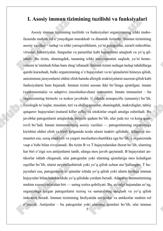 orilmoqda. xulosa qilib aytganda, organizm immun tizimi – bu juda muhim, o’zgaruvchan va murakkab muhofaza tizimi bo’lib, u organizmni tashqi va ichki tahdidlardan himoya qilish bilan birga, uning ichki muvozanatini saqlash uchun ham mas’uldir. uning faoliyatini chuqur tushunish va rivojlantirish inson sog’lig’ini mustahkamlash, kasalliklarni oldini olish va davolashda muhim ahamiyatga ega. asosiy immun tizimi inson organizmini turli zararli mikroorganizmlardan, viruslardan, bakteriyalardan, zamburug‘lardan va boshqa tashqi tahdidlardan himoya qiluvchi murakkab va muvofiqlashtirilgan tizimdir. bu tizim organizmga kirgan begona moddalarni tanib, ularga qarshi aniq va samarali javob qaytaradi. immun tizimi ikki asosiy qismdan iborat: tug‘ma (innat) immunitet va orttirilgan (adaptiv) immunitet. tug‘ma immunitet inson tug‘ilgandan boshlab mavjud bo‘lgan himoya mexanizmidir. bu qism mikroblar organizmga kirgan zahoti ishga tushadi va tezda javob qaytaradi. tug‘ma immunitet tarkibiga teri, shilliq qavatlar, fagotsitlar, nk hujayralar, interferonlar kiradi. bu komponentlar zararli mikroorganizmlarni tanib, ularni yo‘q qilishga harakat qiladi. orttirilgan immunitet esa vaqt o‘tishi bilan shakllanadi. u organizmga …