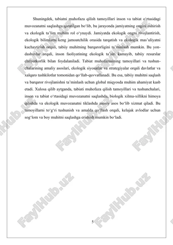 davlat va xalqaro tashkilotlarning ekologik siyosati muhim o‘rin tutadi. ular, resurslarni muqobil va barqaror foydalanishni ta’minlash uchun qonunchilik va iqtisodiy mexanizmlar ishlab chiqadilar. masalan, ekologik soliq va mukofotlar, ekologik sertifikatlar va grantlar yordamida ekologik muhitni saqlashda amaliy yondashuvlar qo‘llaniladi. bu siyosatlarning maqsadi, inson faoliyatining ekologik izini kamaytirish va resurslardan uzoq muddatli foydalanishni ta’minlashdir. shuningdek, ekologik ta’lim va keng jamoatchilikning ongini oshirish ham muhimdir. bu orqali insonlar ekologik muammolar haqida xabardor bo‘lib, muhofaza qilish chora-tadbirlariga faol qatnashadilar. masalan, ekologik bilimlarni oshirish uchun seminarlar, kampaniyalar va ochiq havoda o‘quv dasturlari tashkil etiladi. bu esa, insonlarning ekologik mas’uliyatini kuchaytiradi va muhitni muhofaza qilishda keng ko‘lamli ishtirokni ta’minlaydi. xulosa qilib aytganda, ekologik muhitni saqlashda amaliy usullar va texnologiyalar muhitga ta’sirni kamaytirishga, biologik xilma-xillikni saqlashga va ekologik muvozanatni tiklashga xizmat qiladi. ular, inson faoliyatining salbiy ta’sirini nazorat qilish, qayta tiklash va muhofaza qilish orqali, kelajak avlodlar uchun sog‘lom va boy muhitni yaratishga yordam beradi. shu …