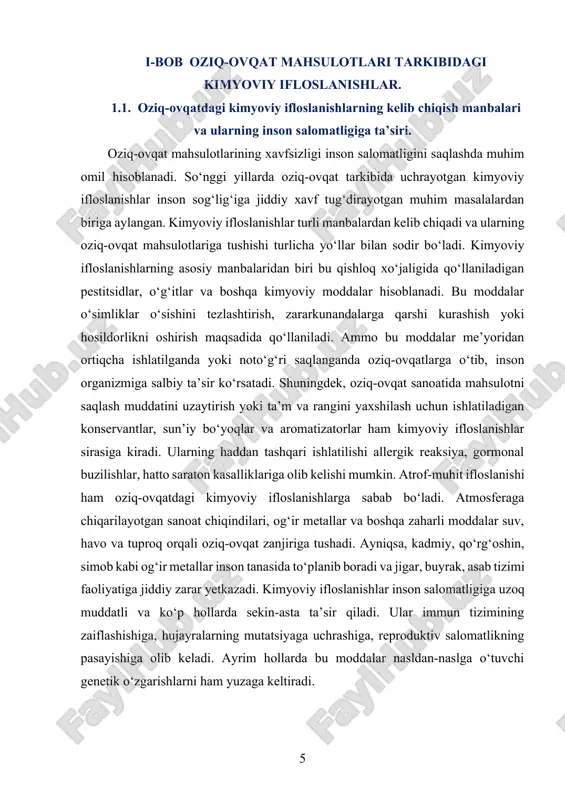 ham inson sog‘lig‘i uchun xavf tug‘diradi. bu moddalar asosan ishlab chiqarish hajmini oshirish, mahsulotni jozibador ko‘rsatish va uzoq muddat saqlash maqsadida ishlatiladi. ammo ularning ba’zilari allergik kasalliklar, gormonal nomutanosiblik, asab tizimi buzilishi, bolalarda e’tibor va xulq-atvor buzilishlariga olib kelishi mumkin. metall ifloslanishlar, ayniqsa og‘ir metallar – simob, qo‘rg‘oshin, kadmiy, arsen kabi moddalarning oziq-ovqatlarga tushishi esa yanada xavflidir. bu moddalar, odatda, atrof-muhitning sanoat chiqindilari bilan ifloslanishi natijasida suv va tuproq orqali o‘simliklar va hayvonlarga, undan esa odamga o‘tadi. og‘ir metallar inson tanasida yillar davomida to‘planadi va yurak-qon tomir, jigar, buyrak va asab tizimiga salbiy ta’sir qiladi. plastik idishlarda saqlanayotgan mahsulotlar ham muayyan xavf tug‘diradi. ayrim plastik turlari tarkibida bisfenol-a kabi modda mavjud bo‘lib, u oziq-ovqatga o‘tishi mumkin. bu modda gormonal tizim faoliyatini buzishi, reproduktiv salomatlikka salbiy ta’sir ko‘rsatishi mumkin. shuningdek, transport va saqlash sharoitlarining talab darajasida bo‘lmasligi, mahsulotlar bilan to‘g‘ridan-to‘g‘ri aloqada bo‘ladigan kimyoviy moddalar bilan ishlov berilishi, sanitariya talablariga amal qilinmasligi …