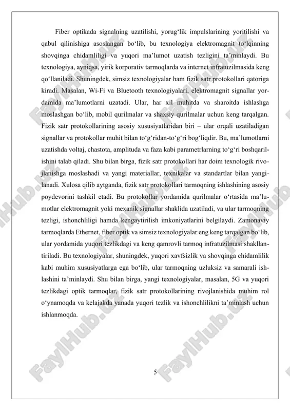 k qatlamda ko'plab imkoniyatlarni taqdim etadi va bu texnologiya yuqori tezlikdagi ma’lumot uzatish uchun keng qo'llaniladi. ethernetda, ma’lumotlar fizik qatlamda bitlar shaklida uzatiladi va signal darajasi, voltaj, chastota va vaqt bilan bog’liq parametrlar muhim ahamiyatga ega. shuningdek, usb (universal serial bus), dsl (digital subscriber line) va bluetooth kabi texnologiyalar ham fizik qatlam protokollari doirasida joylashadi va ular turli muhitda ma’lumot uzatish uchun moslashtirilgan. fizik qatlamning asosiy maqsadi, ma’lumotlarning uzatishda uzilishsiz va xavfsiz bo’lishini ta’minlashdir. bu qatlamda signalni kuchaytirish, shovqinlarni kamaytirish va uzatish jarayonini boshqarish uchun turli texnikalar qo’llaniladi. iii. fizik satr protokollarining nazariy va amaliy o'zaro ta'siri. fizik satr protokollari osi modelida eng asosiy va eng oddiy qatlam bo‘lib, u shaxsiy kompyuterlar, tarmoqlar va ma’lumotlar almashinuvi uchun fizikal muhitni tashkil etadi. bu qatlam, odatda, 1-sath sifatida ham tanilgan bo‘lib, u ma’lumotlarni elektr, optik yoki mexanik signal shaklida uzatish uchun javobgardir. fizik satr protokollari, asosan, ma’lumotlarni fizik muhitda qanday uzatishni, signal …