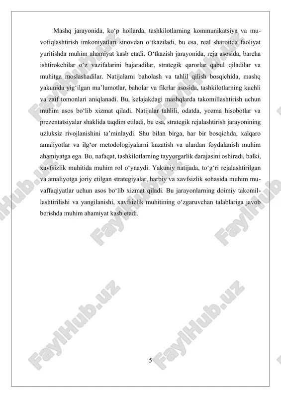 sosida, mashqlarni yanada samarali qilish uchun strategiyalar ishlab chiqiladi. masalan, simulyatsiya va virtual muhitlarda oʻtkaziladigan mashqlar, real sharoitlarga yaqinlashtirilgan boʻlib, bu esa ishtirokchilarning tayyorligini oshiradi. shu bilan birga, oʻquv jarayonlarida, jamoaviy hamkorlikni rivojlantirish va strategik fikrlashni shakllantirish uchun o‘quv mashg‘ulotlari va treninglar ham muhim oʻrin tutadi. xulosa qilib aytganda, qoʻmondon-shtab mashqlari va taktik-maxsus mashqlarining tashkil etish va oʻtkazish metodlari, harbiy va xavfsizlik sohalarida muhim oʻrin tutadi. bu jarayonlar, nafaqat, tashkilotlarning tayyorligini oshiradi, balki ularning strategik va operatsion qobiliyatlarini rivojlantirishga ham xizmat qiladi. zamonaviy texnologiyalar bilan integratsiya qilingan holda, bu metodlar yanada samarali va innovatsion yondashuvlar bilan to‘ldirilmoqda, natijada, harbiy va xavfsizlik kuchlari uchun muhim tayyorgarlik vositalariga aylanmoqda. iii. natijalarni baholash va takomillash uchun tahlil usullari qoʻmondon-shtab mashqlari va taktik-maxsus mashqlarning muvaffaqiyatli oʻtkazilishi uchun natijalarni baholash va ularni takomillash jarayoni muhim ahamiyatga ega. bu jarayon, oʻz navbatida, mashqlarning strategik va operatsion maqsadlariga erishish darajasini aniqlash, kamchiliklarni aniqlash va kelajakdagi mashgʻulotlar uchun …