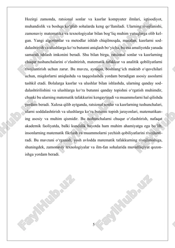 oʻra, 8/12 va 9/12 ni taqqoslash mumkin, va shuning uchun 3/4 kasri, ulushlar bo‘yicha, katta bo‘ladi. ulushlarga koʻra butunni topish jarayonida, ba’zan ulushlar yig‘indisi yoki farqi ham muhim bo‘lib qoladi. masalan, ikkita kasrni qo‘shishda, ularning umumiy qavslarga keltirilishi va qo‘shilishi muhim. bu jarayon, ulushlarga koʻra butun son yoki butun sonlar yig‘indisini aniqlashda keng qo‘llaniladi. agar ulushlar yig‘indisi 1 ga teng bo‘lsa, demak, ular butun bir butun bo‘lakni tashkil qiladi. masalan, 1/4, 1/4 va 1/2 ulushlarining yig‘indisi 1 bo‘ladi (1/4 + 1/4 + 1/2 = 1), ya’ni, ular bir butunning to‘liq qismi hisoblanadi. ulushlarga koʻra butunni topish uchun amaliy misollar bilan ishlash juda foydali bo‘ladi. masalan, agar sizga 3/8 va 1/4 kasrlari berilgan bo‘lsa, ularni ulushlarga koʻra, to‘liq butunni aniqlash uchun, ularni kengaytirib, umumiy qavslarga keltirasiz va qo‘shasiz. 3/8 kengaytirilganda 3/8, 1/4 kengaytirilganda 2/8 bo‘ladi. demak, ulushlarga koʻra, 3/8 va 2/8 ning yig‘indisi 5/8 bo‘lib, bu butun butunning qismi emas. agar …