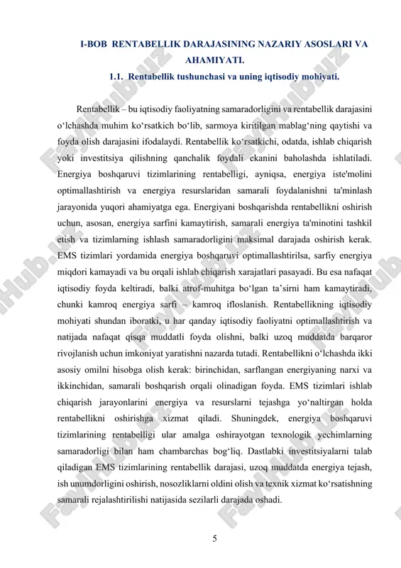 iste'molining kamayishi bilan birga, karbon chiqindilarining qisqarishi ham rentabellikning ekologik tomonini tashkil etadi. shunday qilib, rentabellikning iqtisodiy va ekologik jihatlari o‘zaro bog‘liq va bir-birini to‘ldiradi, bu esa ems tizimlarining samaradorligini yanada oshiradi. yuqoridagi jarayonlar, o‘z navbatida, rentabellikni o‘lchashda yangi metodologiyalarni joriy qilishni talab qiladi. ushbu metodologiyalarni ishlab chiqish va amaliyotga tatbiq etish orqali ems tizimlarining rentabellik darajasi sezilarli darajada oshadi va ular o‘z xarajatlarini qoplash, foyda olish va ijtimoiy hamda ekologik jihatdan barqaror rivojlanishga erishish imkoniyatini beradi. rentabellikning yuqori darajasi, shuningdek, energiya boshqaruvi tizimlarining iqtisodiy samaradorligini oshiradi va ularni keng joriy etish imkoniyatlarini yaratadi. bu tizimlar, nafaqat sanoat sektorida, balki turli ijtimoiy va tijorat sohalarida ham yuqori rentabellikni ta’minlashga xizmat qiladi. energiya boshqaruvi tizimlarining samarali ishlashini ta’minlashda rentabellikning o‘rni beqiyos. bunday tizimlar, o‘z navbatida, energiya iste'molining kamayishiga, energiya sarfi bo‘yicha xarajatlarning kamayishiga, shuningdek, ekologik ta’sirning pasayishiga olib keladi. ularning rentabelligi, o‘zi keltiradigan foyda va bu foyda uchun sarflanadigan energiya va …