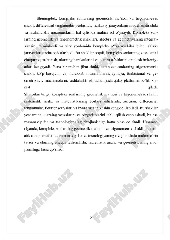 arning trigonometrik shakli, shuningdek, trigonometrik identifikatsiyalar va formulalar yordamida, ularning xossalarini tahlil qilish imkonini beradi. euler formulasi – kompleks sonlar va trigonometrik shakllar orasidagi muhim ko‘prikdir. u quyidagicha ifodalanadi: e^{iθ} = cosθ + i sinθ. bu formula, matematikada keng qo‘llaniladi va kompleks sonlarni eksponensial shaklda ifodalash imkonini beradi. bu shakl yordamida, kompleks sonlarning ko‘paytirish va bo‘lish operatsiyalari, faza va modullar bilan ishlash ancha osonlashadi. masalan, ikki kompleks sonning ko‘paytmasi, ularning modullarini ko‘paytirish va fazalarini qo‘shish bilan ifodalanadi, bu esa, matematik analiz va signal ishlashda muhim ahamiyat kasb etadi. shu bilan birga, trigonometrik shakl va euler formulasi, kompleks o‘zgaruvchilar bilan ishlashda va ularning xossalarini aniqlashda keng qo‘llaniladi. ular yordamida, differensial tenglamalarni hal qilish, fourier seriyalarini tuzish va kvant mexanikasida jarayonlarni modellashtirish mumkin. kompleks sonlarning geometrik va trigonometrik shakllari, zamonaviy fizik va muhandislik ilovalarida, signalni tahlil qilishda, radiatsiya muhandisligida va nazariy fizika sohalarida muhim rol o‘ynaydi. xulosa qilib aytganda, kompleks sonlarning geometrik …