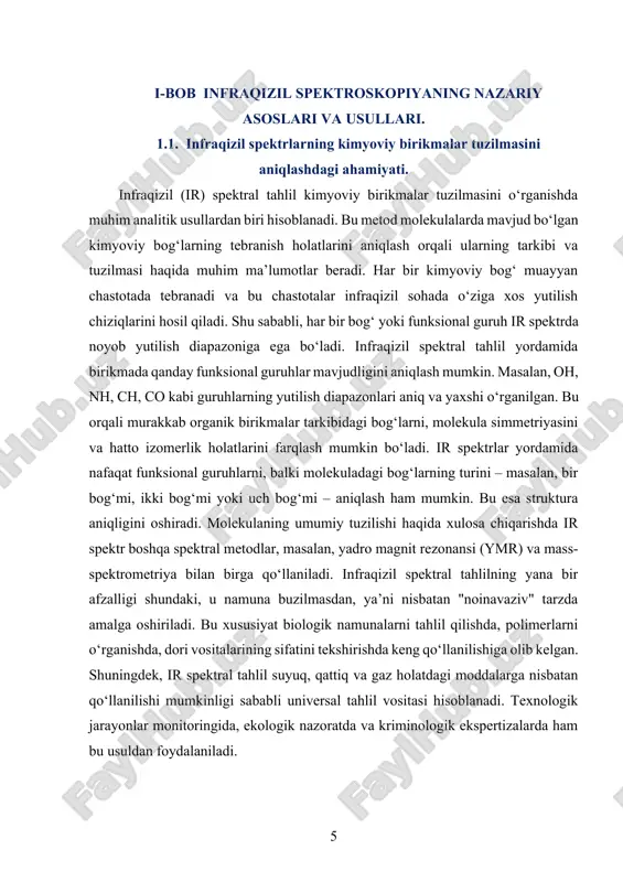qo‘llaniladi. dori vositalarining tarkibini tekshirishda, ularning sof yoki soxta ekanini aniqlashda bu usul muhim rol o‘ynaydi. bundan tashqari, polimerlar tarkibini o‘rganishda, oziq-ovqat mahsulotlarining sifatini baholashda, biologik namunalarning tuzilishini tahlil qilishda ir spektrlar ishonchli vosita hisoblanadi. infraqizil spektral tahlilning amaliy ahamiyati nafaqat ilmiy tadqiqotlar bilan cheklanadi, balki sanoat jarayonlarida ham muhim o‘rin tutadi. masalan, kimyo sanoatida mahsulotlar sifati va tarkibini nazorat qilish, yangi moddalarni sintez qilishda oraliq mahsulotlarning shakllanishini kuzatish uchun ir spektral tahlildan foydalaniladi. shuningdek, atrof-muhitni muhofaza qilish sohasida bu usul yordamida havodagi zararli gazlar, ifloslantiruvchi moddalar, suvdagi aralashmalar aniqlanadi. chunki har bir gaz yoki molekula ir nurlarni o‘ziga xos tarzda yutadi va bu ularning mavjudligini aniqlashga imkon beradi. biokimyo va tibbiyotda ham infraqizil spektrlar yordamida tirik to‘qimalar, hujayralar va ularning komponentlari o‘rganiladi. masalan, oqsillar, yog‘lar va uglevodlarning molekulyar tuzilmasi yoki ularning o‘zgarishlarini aniqlash mumkin. bu esa sog‘liqni saqlashda diagnostik usul sifatida qo‘llanilishiga yo‘l ochadi. yana bir e’tiborga loyiq jihati …