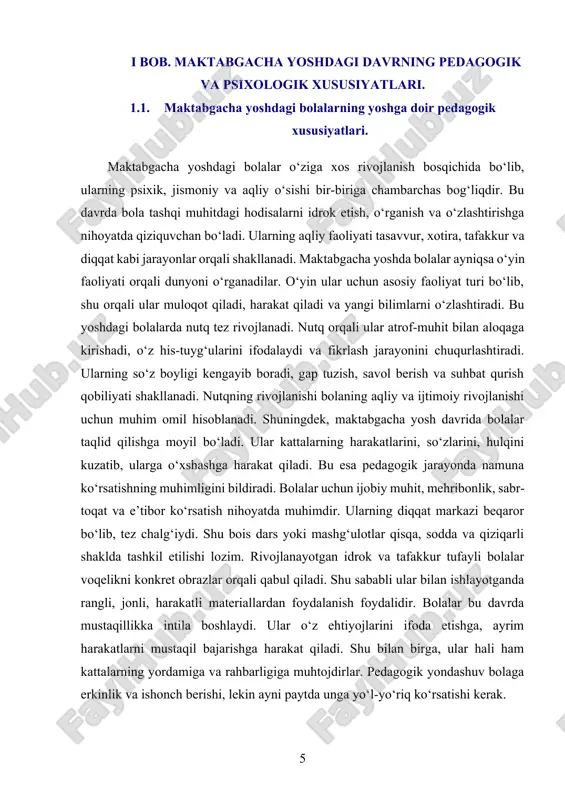 y faoliyat shakli hisoblanadi. o‘yin orqali bola nafaqat vaqt o‘tkazadi, balki atrof olamni o‘rganadi, o‘z tajribasini kengaytiradi, yangi rollarni sinab ko‘radi. rolli o‘yinlar ularni kattalar hayotiga yaqinlashtiradi, ularni axloqiy, estetik va ijtimoiy jihatdan rivojlantiradi. o‘yin jarayonida bolalar o‘zaro muloqotga kirishadi, bu esa ularning nutqiy va ijtimoiy ko‘nikmalarini mustahkamlaydi. bu davrda bolalarning nutqi tez sur’atda rivojlanadi. ular o‘z fikrlarini ifoda qilish, savol berish, suhbatlashish orqali so‘z boyligini oshiradi. nutq rivoji bolaning fikrlash darajasiga bevosita ta’sir ko‘rsatadi. shu sababli pedagoglar bolaning nutqiy faolligini rivojlantirish uchun maxsus mashqlar, suhbatlar, ertak aytish va tinglash mashg‘ulotlaridan foydalanadilar. bolalarda diqqat va xotira beqaror bo‘lib, ular asosan qiziqish asosida ishlaydi. agar faoliyat ular uchun zerikarli yoki murakkab bo‘lsa, diqqat tez chalg‘iydi. shu bois bolalar bilan ishlashda materiallar rang-barang, qiziqarli va jonli bo‘lishi kerak. mashg‘ulotlar qisqa, lekin mazmunli bo‘lishi, bolaning e’tiborini uzoq vaqt saqlab turishga yordam berishi lozim. maktabgacha yoshda bolaning irodaviy sifatlari ham shakllanadi. ular hali o‘z …